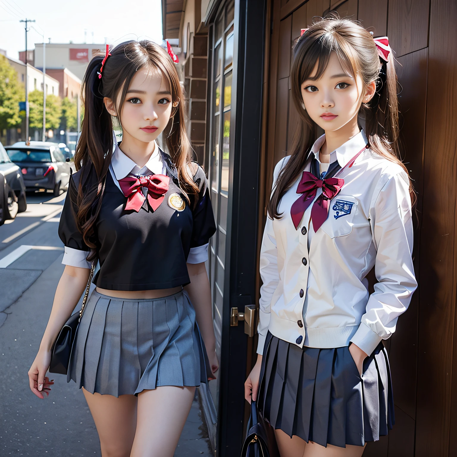 (High School Uniform, Pleated mini-skirt:1.3), ((high-school uniform)),bow ribbon、 17 age, 2girls,  Twintail hairstyles,