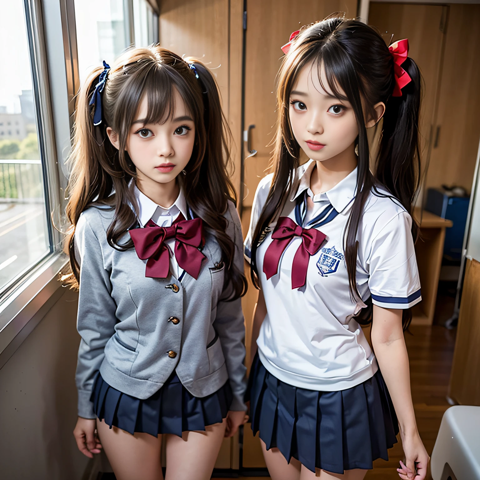 (High School Uniform, Pleated mini-skirt:1.3), ((high-school uniform)),bow ribbon、 , 2girls,  Twintail hairstyles,