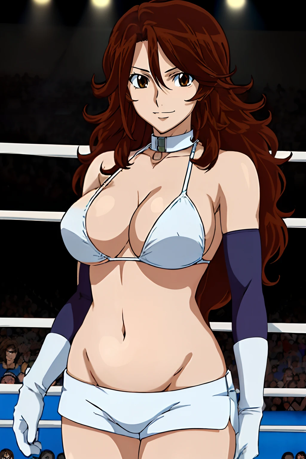 (wwe Maria), body view, anime style: 1.8, anime drawing, ultra detailed face, ultra detailed body, 4k, Sumergai Lee Noriega, (standing), best quality, anime style, hires, highest definition, digital blending, bold drawing lines, ((wwe diva), (location: wrestling arena, crowds watching), ( slim body, little biceps, thighs, off-shoulders, (curvy: 2.8)), ((white bikini, shorts, groin, , white gloves, collar, elbow pad)), victorious, winner, gentle, (big breasts, smile), (big eyes, brown eyes), (clapping), (brown hair, loose hair, curly hair, wavy hair, long hair, missy hair), 27 years old,