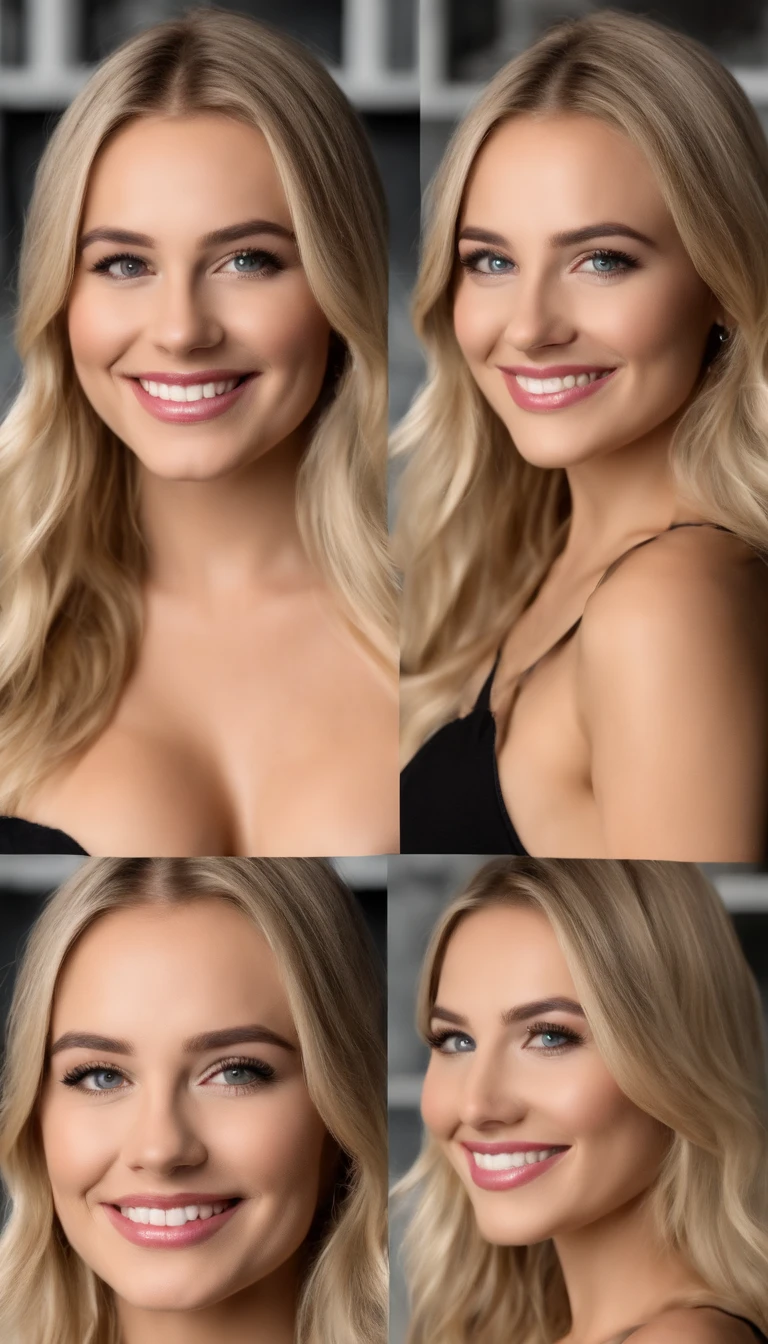 Front image of a 25-year-old European woman, Auf die Kamera zeigen, blondes Haar, Smileing, (Erstaunliche Hautdetails: 1.4), (natural skin: 1.2), (poren: 0.6), Schminke, (Detaillierte Augen: 1.2), big boobs, schwarzer Hintergrund, Studio, Lichter Rand, somber atmosphere, (bokeh: 1.2), Fotografie, filmisch, fotorealistisch, Ultrarealistisch, fit girl, Leggings, tiefer Ausschnitt, Perfekte Figur, mit sexy outfit, gym, ass