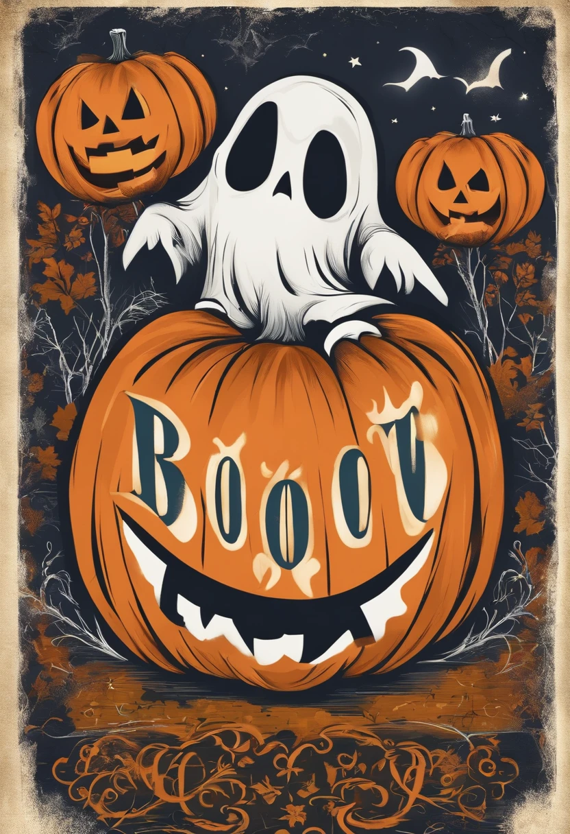 design a tshirt illustration for halloween using this text " BOO" with ghost adnd halloween theme
