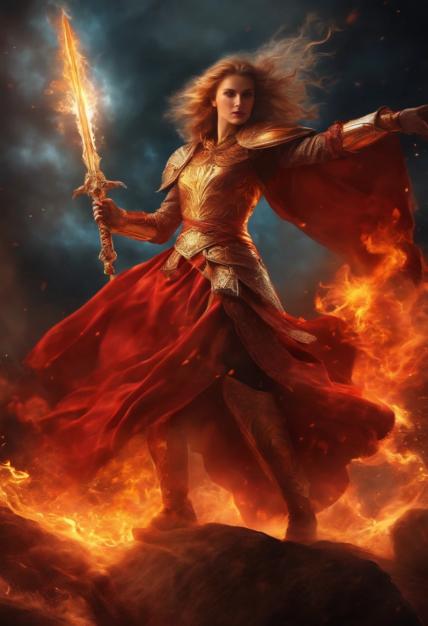 a flaming sword, (with) spirits (floating) around, vibrant colors, fiery glow, dynamic appearance, (detailed) flames, (transparent and ethereal) spirits, (mystical and magical) atmosphere, (intense and powerful) energy, (sharp and fierce) features, (dramatic and epic) lighting, (highly detailed and realistic) portrayal, (professional-grade, HDR-enhanced) artwork, (inspired by fantasy and enchantment) styles, vivid red and orange hues