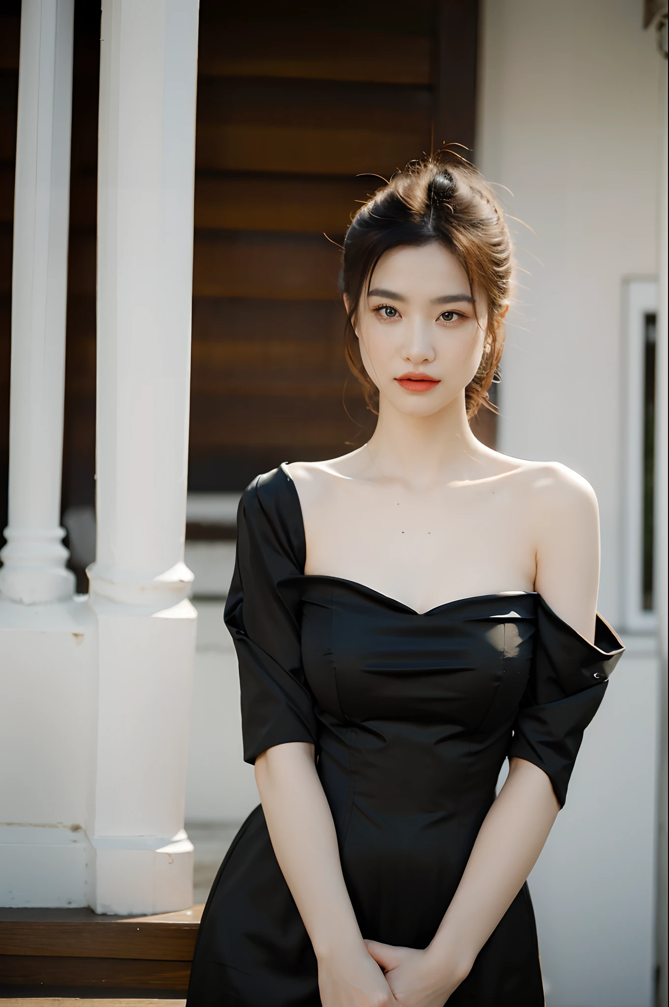 (8k, best quality, masterpiece, ultra highres:1.2) Photo of Pretty Japanese woman beautiful, beautiful enchanting fashion contemporary painting with a, looking at the viewer, ((skyfall background)), (1girl), (diminute breasts), ((gantz costume)), belt, ((hand down)),black hair, medium hair, high angle photo of a gorgeous woman, realistic skin texture, looks up, round chin, 50 mm art lens, f 1. 2, sharp focus, 8 k high definition, insanely detailed, intricate, elegant, small breasts, dynamic pose, tiny breasts, deep cleavage