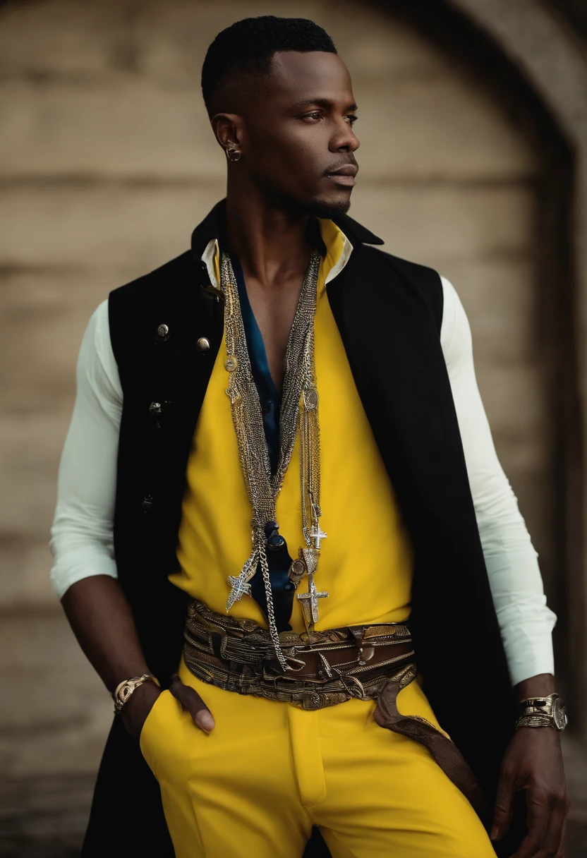 African American man with pale blue eyes and short black hair, Although about a quarter of it is white in front of his left, He wears a short red overcoat with black pockets over a black long-sleeved bright yellow shirt . And his pants are black with chains to his belt. He wears a cross-like necklace around his neck. He also、I put on dark blue fingerless gloves,Being on the beach