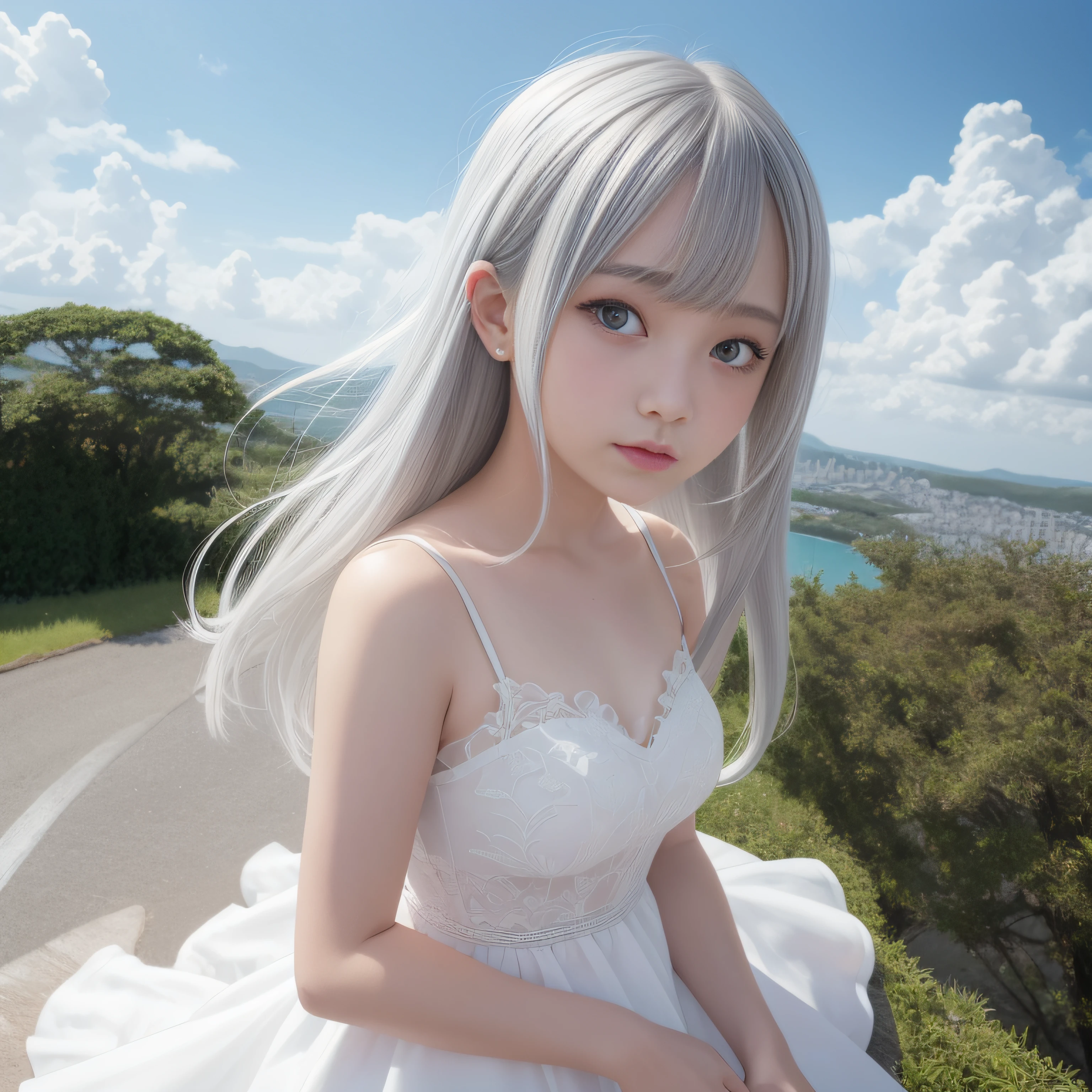 The background is a city, perfect gray hair girl, in dress, White-haired, white haired god, Cute anime waifu wearing beautiful clothes, Gray-haired, best anime 4k konachan wallpaper, little curve lolivez on Pixiv Art Station, white-haired girl, nightcore, Stand on a tree, Looking up at the stars, hyperdetailed face --auto