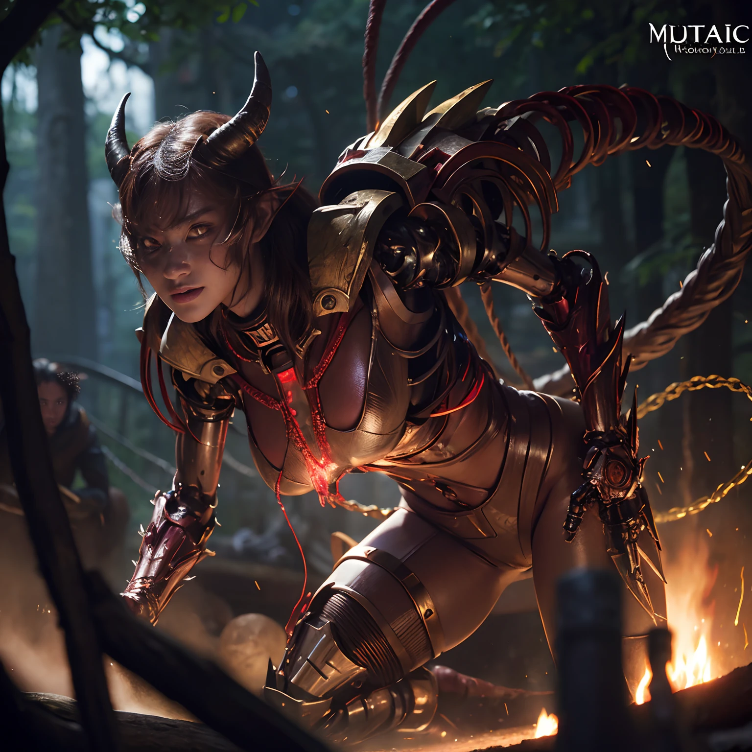 (1 Mechanical Girl)、top-quality、masterpiece、超A high resolution、(Photorealsitic:1.4)、Raw photo、1人、Fight mutants、glowy skin、(((1 Mechanical Girl)))、With a beautiful knife、(Yellow Metal Bodysuit)、(Kobold、ogre、Fierce battle with orcs),(Fight fiercely against aliens)、Fight fiercely、(beautiful forest background)、(Fighting Demonic Beasts)、(Small LED)、((super realistic details))、portlate、(Strong giant demon beast background),globalillumination、Shadow、octan render、8K、ultrasharp、Colossal tits、Raw skin is exposed in cleavage、metals、Details of complex ornaments、Japan details、highly intricate detail、Realistic light、(Mystical expression),CGSoation Trends、Red Eyes、radiant eyes、Facing the camera、neon details、(Mechanical limbs)、(blood vessels connected to tubes)、Mechanical vertebrae attached to the back、mechanical cervical attaching to neck、(Wires and cables connecting to the head)、Gundam、Small LED、,Mechanical thighs、Toostock、(Hands are also made of machines)、(Attack of the Monster Beasts)、(Wounded in a deadly battle)、