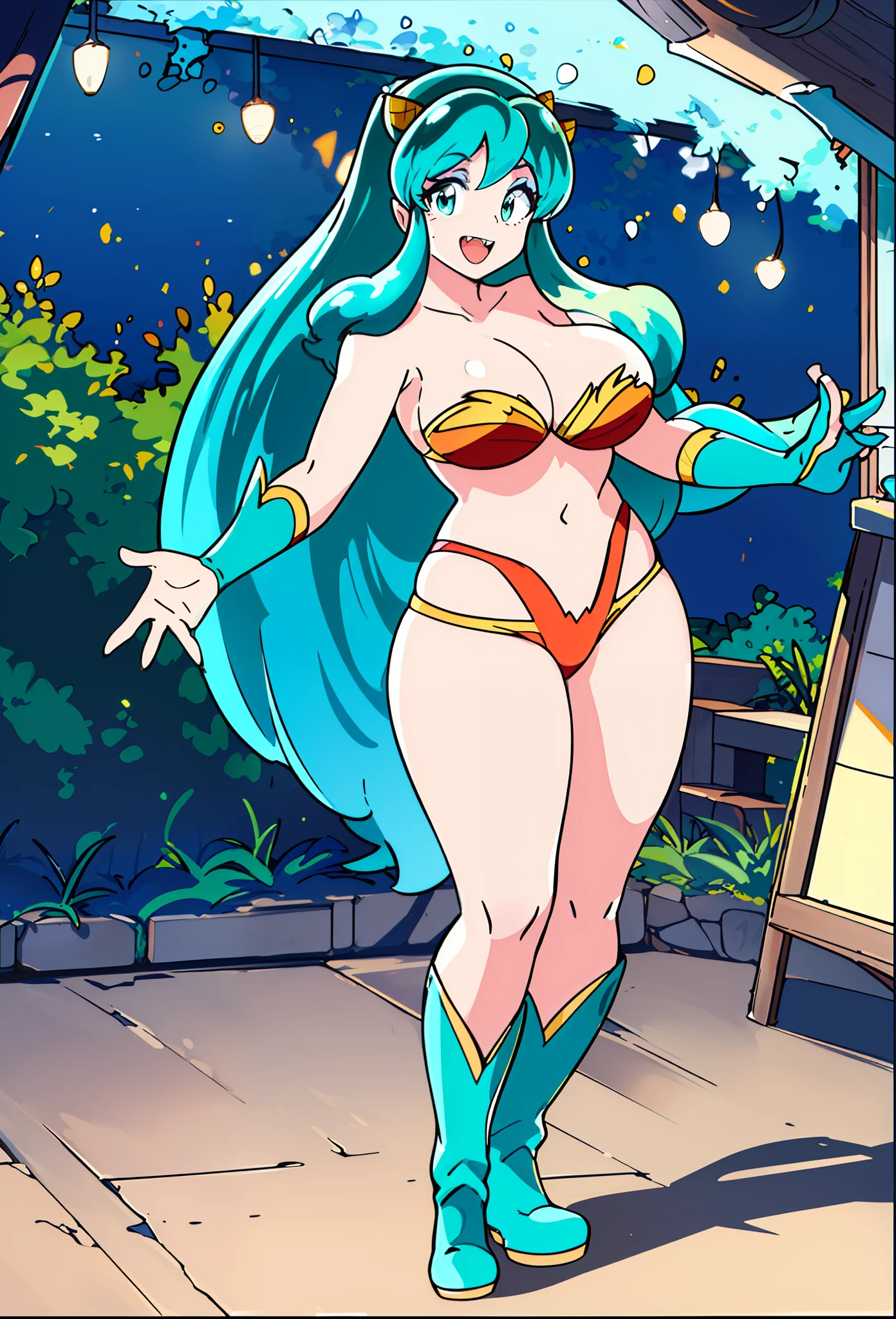 lum, superhero costume,, standing,, boots, oni, smile,, full body, sentai, bikini, horns, curvy, big breast, open mouth teeths, fangs,(best quality,4k,8k,highres,masterpiece:1.2),mega-detailed,(,1.37),portraits,vivid colors,warm tones,soft lighting, immovile pose