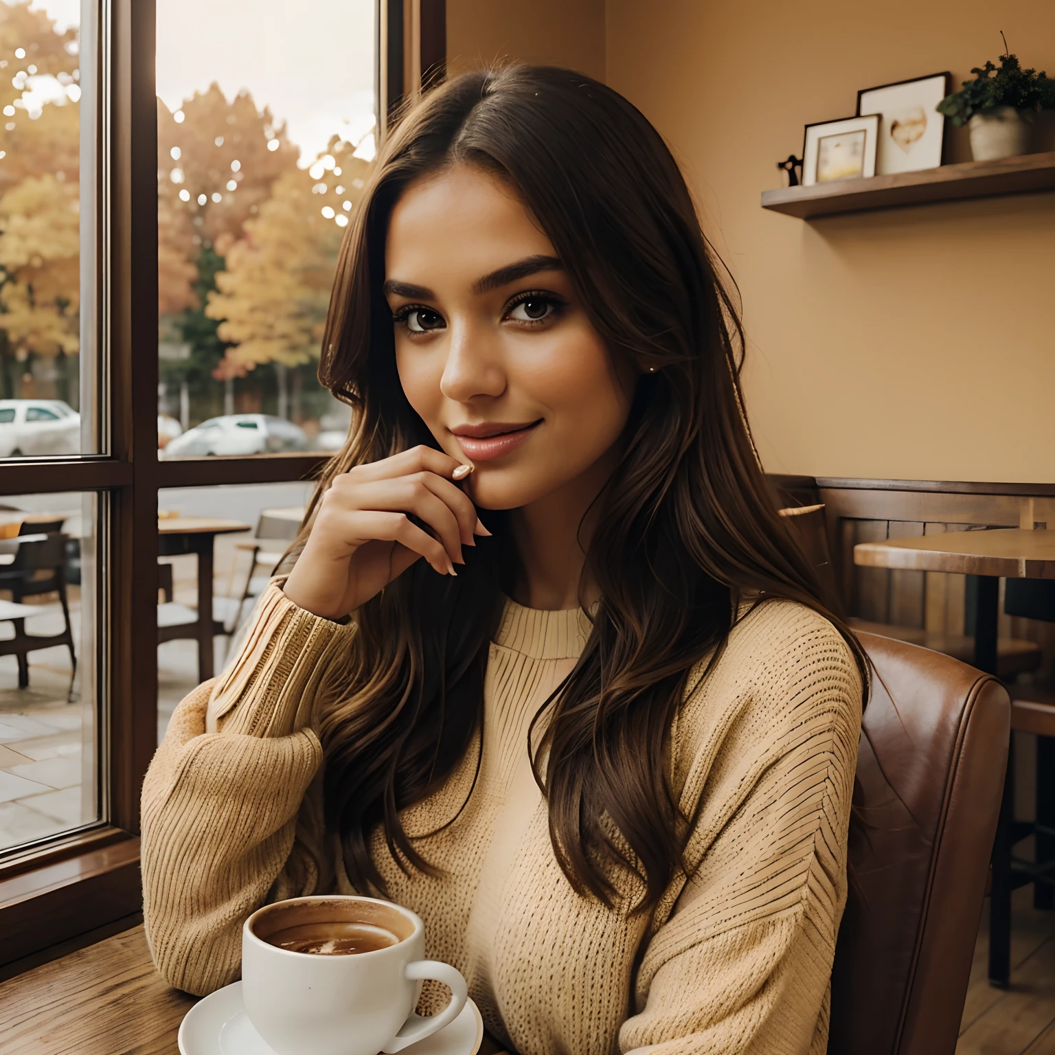 Generate a series of heartwarming photographs of Autumn, the captivating influencer, as she indulges in the seasonal delight of a spiced latte. Autumn should appear in her mid-20s, standing approximately 5'4" tall, with long, wavy chestnut hair gracefully draping over her shoulders. Her athletic hourglass figure is accentuated by her full bust, and her complexion boasts a flawless, sun-kissed tan. Autumn's expressive brown eyes exude charisma, and she carries herself with a relaxed and confident demeanor.

Autumn's outfit should embody cozy chicness, reflecting her impeccable style. She wears a soft, oversized sweater in a warm, inviting color, paired with snug-fitting, high-waisted jeans. This ensemble should create a sense of comfort and sophistication.

The photoshoot takes place in a charming, rustic coffee shop adorned with autumnal decor. The setting should envelop Autumn in the warmth of fall, with soft, diffused lighting that adds to the inviting ambiance. Surroundings should include cozy seating, rustic wooden tables, and the rich aroma of freshly brewed coffee in the air.

Autumn is captured in candid moments, enjoying her spiced latte. These shots should reflect the coziness and tranquility of the coffee shop, as she sips the warm beverage, perhaps gazing out of the window lost in thought or sharing a bright smile. The photography should embrace natural lighting, creating an inviting atmosphere that captures the essence of Autumn's delightful coffee experience.

Intense makeup, cozy ambiance, symmetrical eyes, symmetrical face, photorealistic, photography, path tracing, specular lighting, volumetric face light, path-traced hair, visible shadows, intricate, elaborate, hyper-realistic.