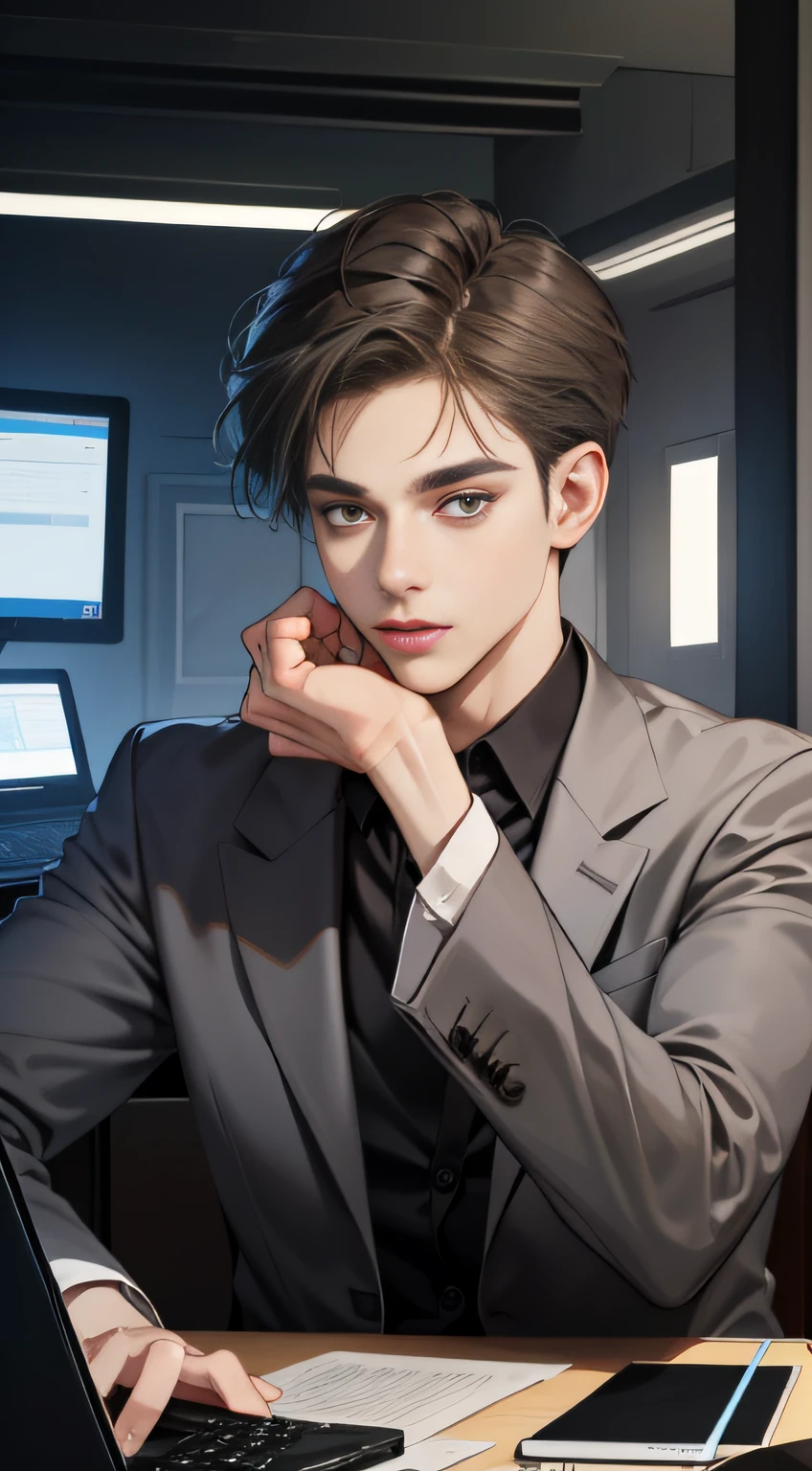 Masterpiece, Best quality, Realistic, 1人, Mature male, Quiet and charming young man, 25 years old, closing her eyes, Just woke up, Extremely detailed face, ((dark gray eyes)), ((Right sweep dark brown short hair)), [Thick eyebrows], Detective, International city, White color blouse,In black suit， Cinematic lighting, Playing with the computer, Postural dynamics,eyes looking at viewer，In the study，sit on chair，The computer is on，Using a computer，natta