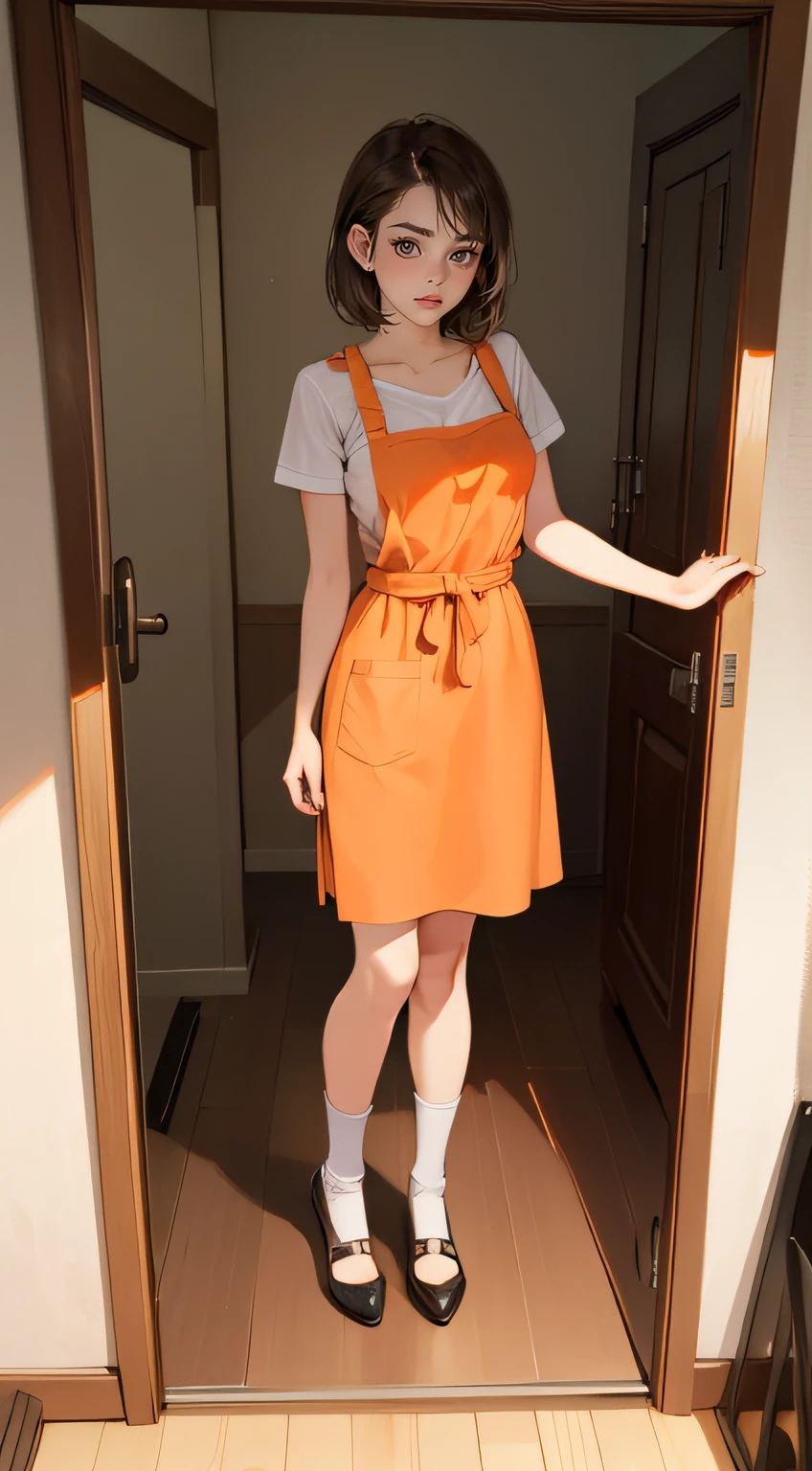 Masterpiece, Best quality, Realistic, 1人, cute female, cute female child, 20-year-old girl, Very attractive girl, Extremely detailed face, ((dark gray eyes)), ((with short dark brown hair)), [Slender eyebrows], Detective, International city, orange t-shirt，pink apron，Leaky shoulders，Bigchest，high-heels,Cute socks， Cinematic lighting, Take the spoon, Postural dynamics,eyes looking at viewer，Stand in the kitchen，In stir-frying，There was cutlery，The kitchen door is open