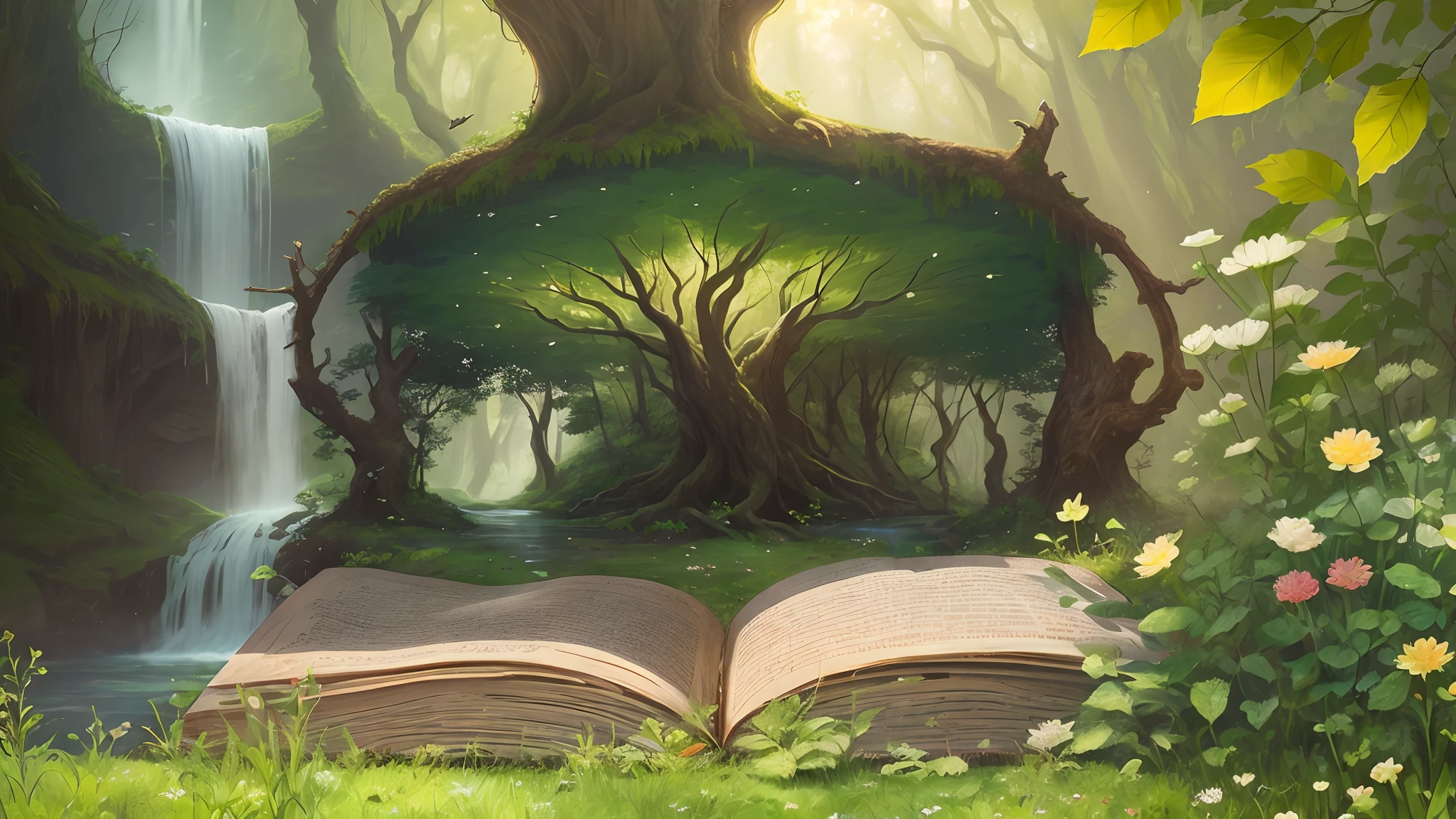 Masterpiece, best quality, one very old book is laying on the grass, forest is growing out of its pages, waterfalls on the background, very sunny