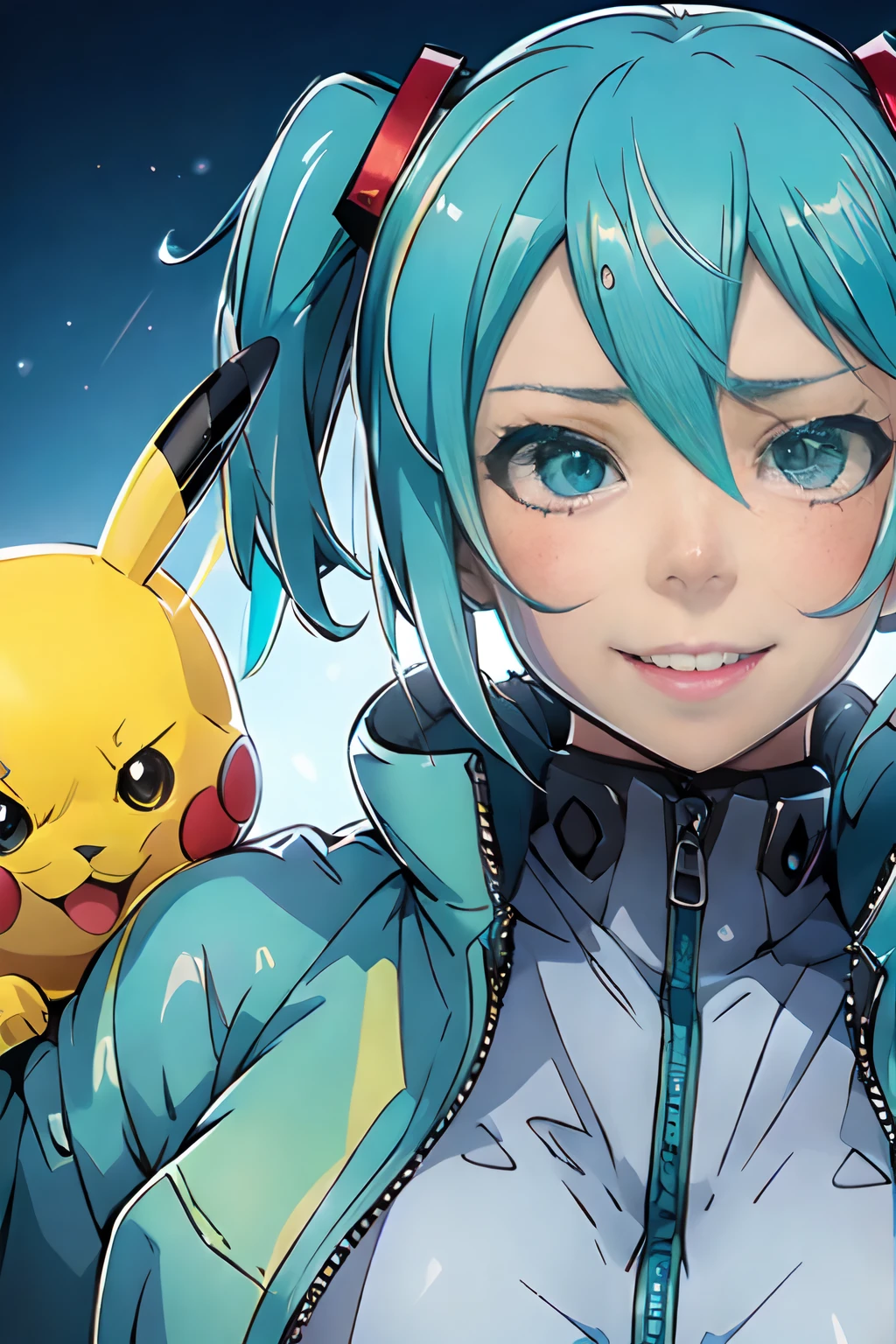 、Pikachu、top-quality, Photorealistic, An ultra-fine illustrations, beautiful attractive anime girl, miku hatsune, Slender body, Tied hair, one girls, a photo of girl, Full body shot, Beautiful blue eyes, Turned、miku hatsune、Pokémon, Pikachu Coat，surrealism, Realism, Cinematic lighting, Fuji Film, Sony FE, Sony FE GM, hyper HD, masutepiece, High quality, hight resolution, Super Detail，Pikachu, White skinned, hands in the pocket，sexy for, Smiling short denim skirt, Gradient Hair, aqua eyes