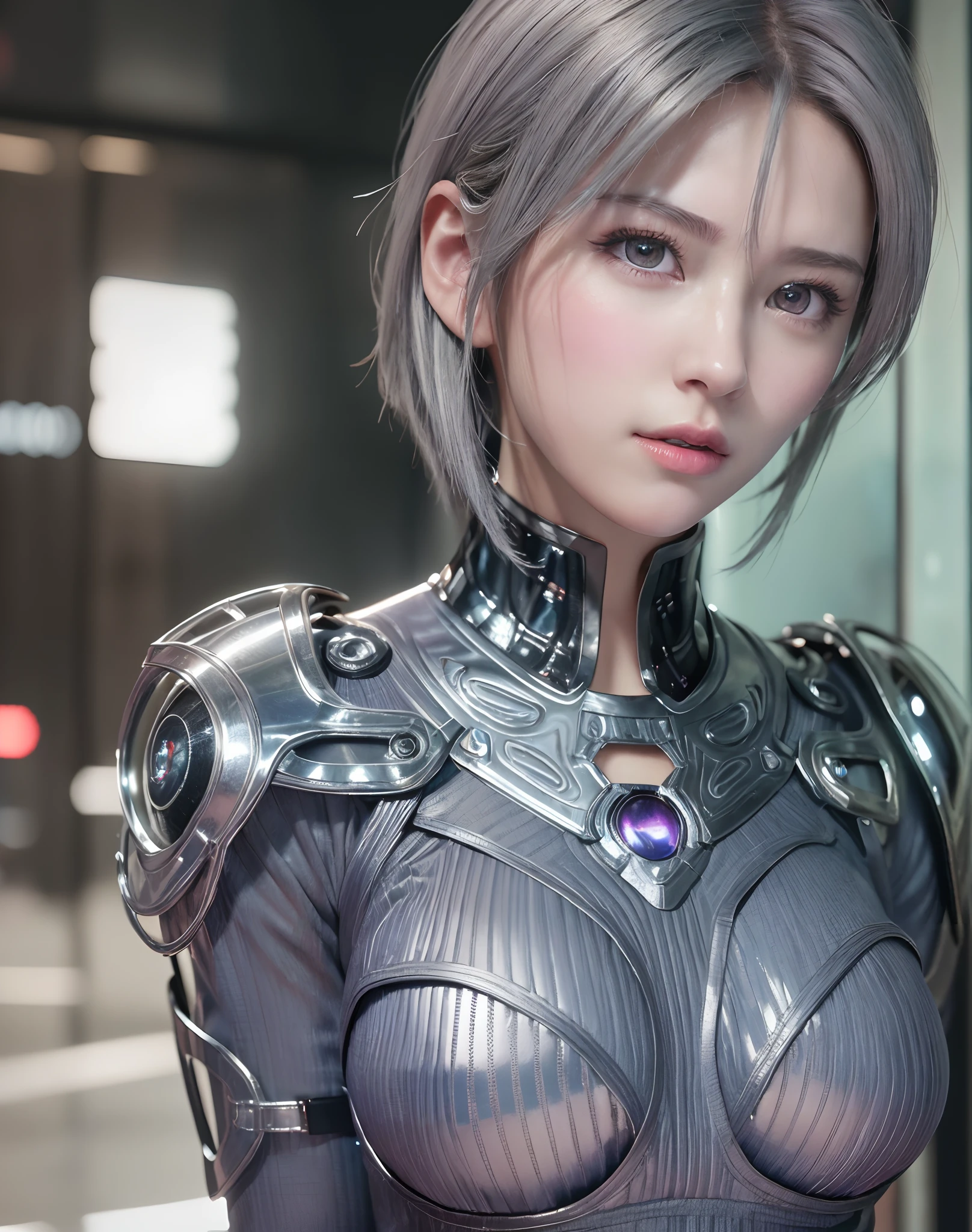 (8K, Photorealistic, Raw photo, of the highest quality: 1.3), (1girl in), Super beautiful, (Realistic face), (boyish, Silver Color Berry Shorthair), Beautiful cyberpunk suit, Glare that captivates the viewer, Beautiful expression, Beautiful breasts, (Realistic skin), Beautiful...