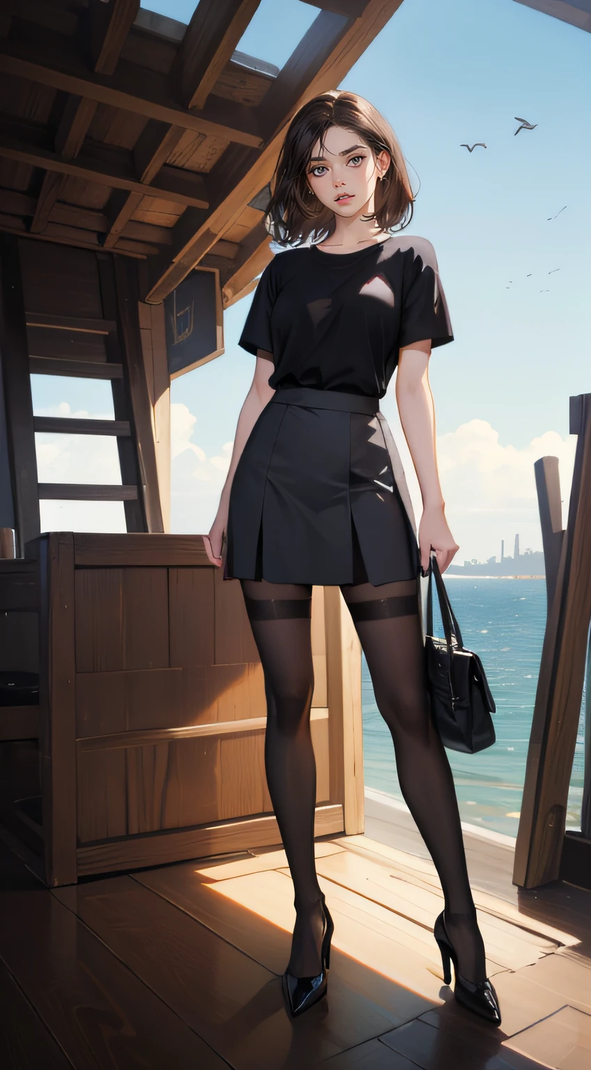 Masterpiece, Best quality, Realistic, 1人, cute female, Sexy and charming girl, 20 years old, Very attractive look, Extremely detailed face, ((dark gray eyes)), ((Right sweep long dark brown hair)), [Slender eyebrows], Detective, International city, Short black skirt，Black T-shirt，Leaky shoulders，Bigchest，high-heels,black lence stockings， Cinematic lighting, holding cell phone, Postural dynamics,eyes looking at viewer，Stand on deck，Ship，Looking at the sea，the sea