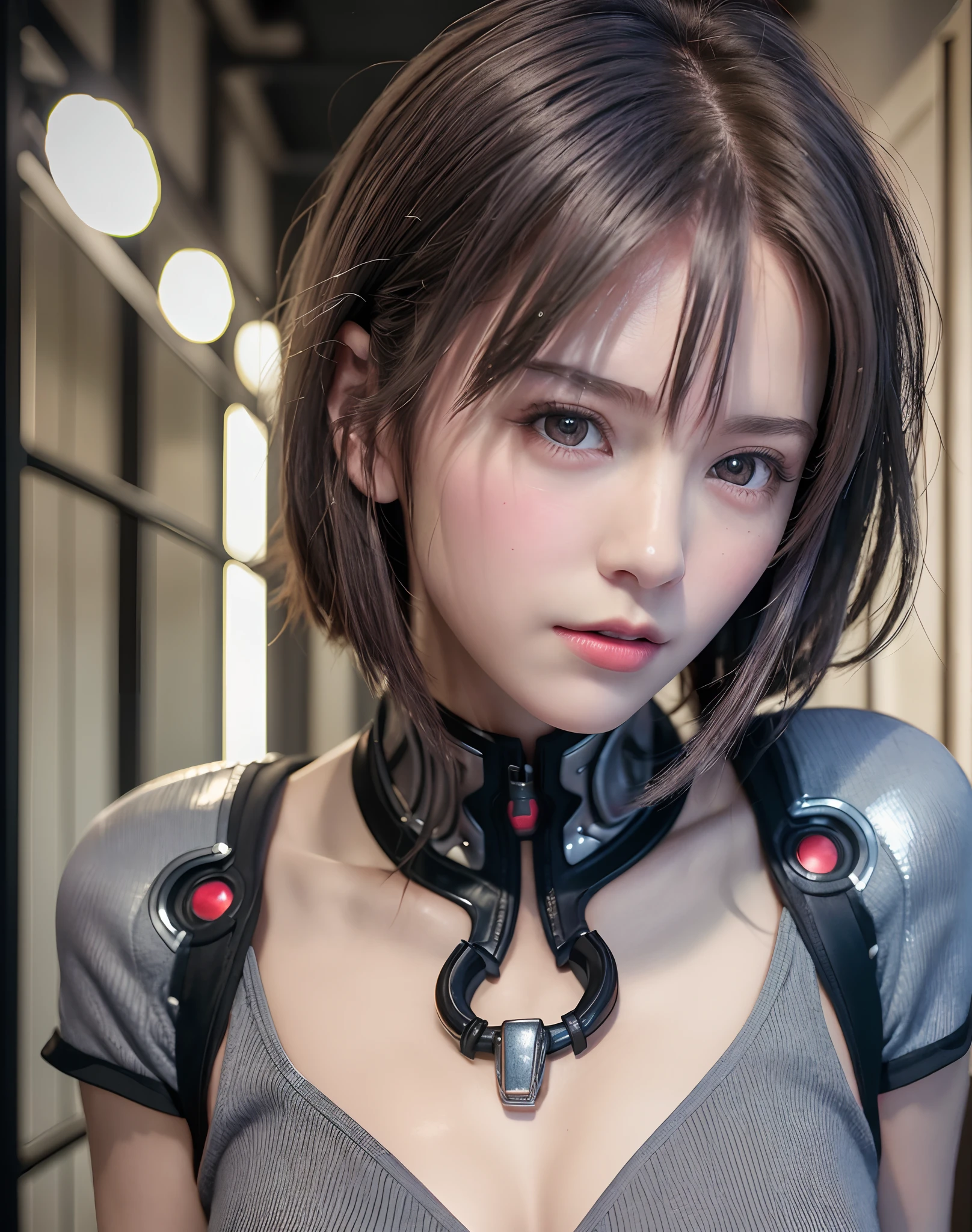 (8K, Photorealistic, Raw photo, of the highest quality: 1.3), (1girl in), Super beautiful, (Realistic face), (boyish, Silver Color Berry Shorthair), Beautiful cyberpunk suit, Glare that captivates the viewer, Beautiful expression, Beautiful breasts, (Realistic skin), Beautiful...