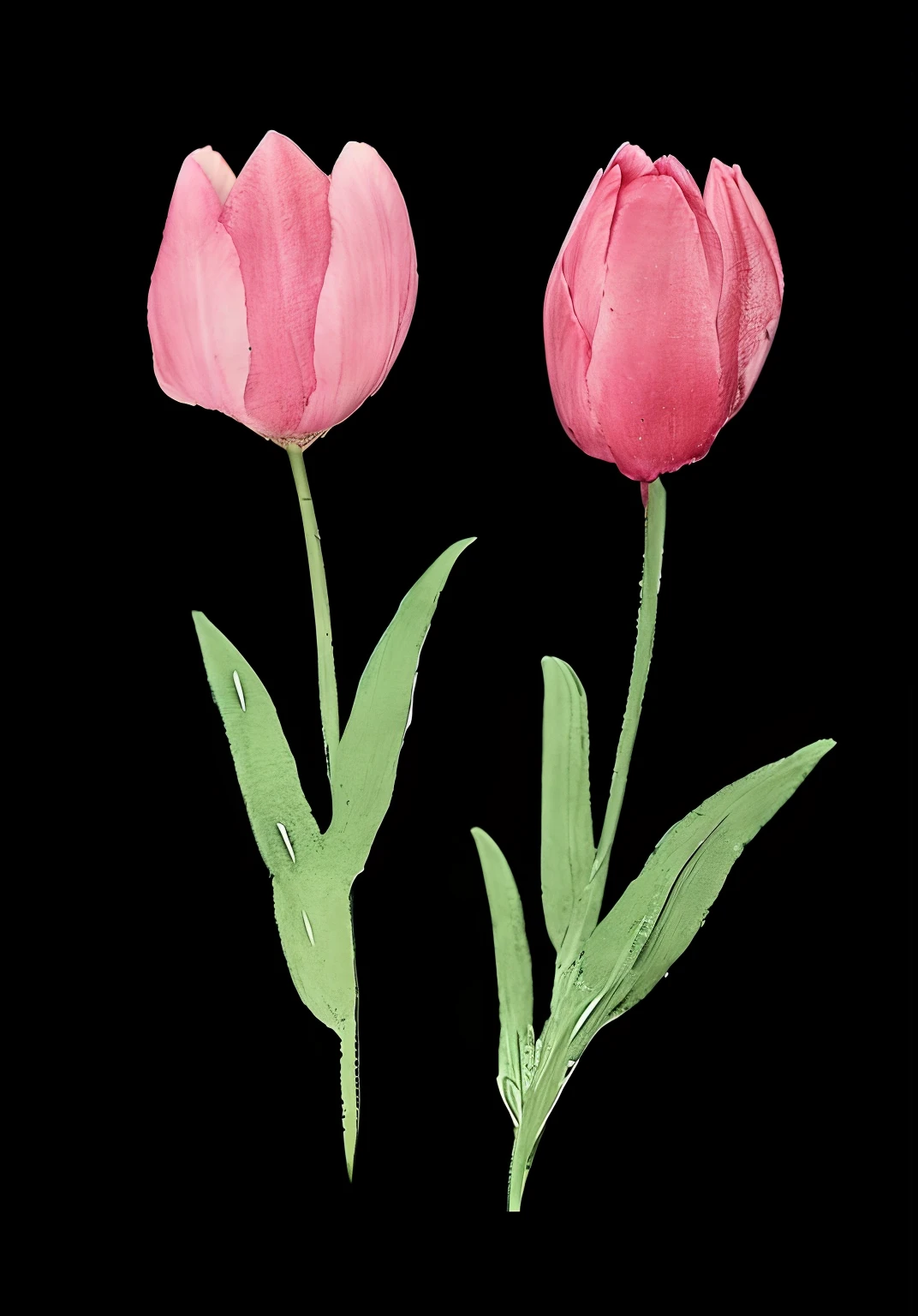 There are two pink flowers,Green leaves on black background, tulips, tulip, flowers and stems, smeared flowers, digitally colored, Pink flowers, colored flowers, Stems, drawn with photoshop, coloured background, Roses and tulips, digitial painting, flower, Inspired by Judy Takacchi, a color, botanical artwork, Hands - colored, botanical watercolors