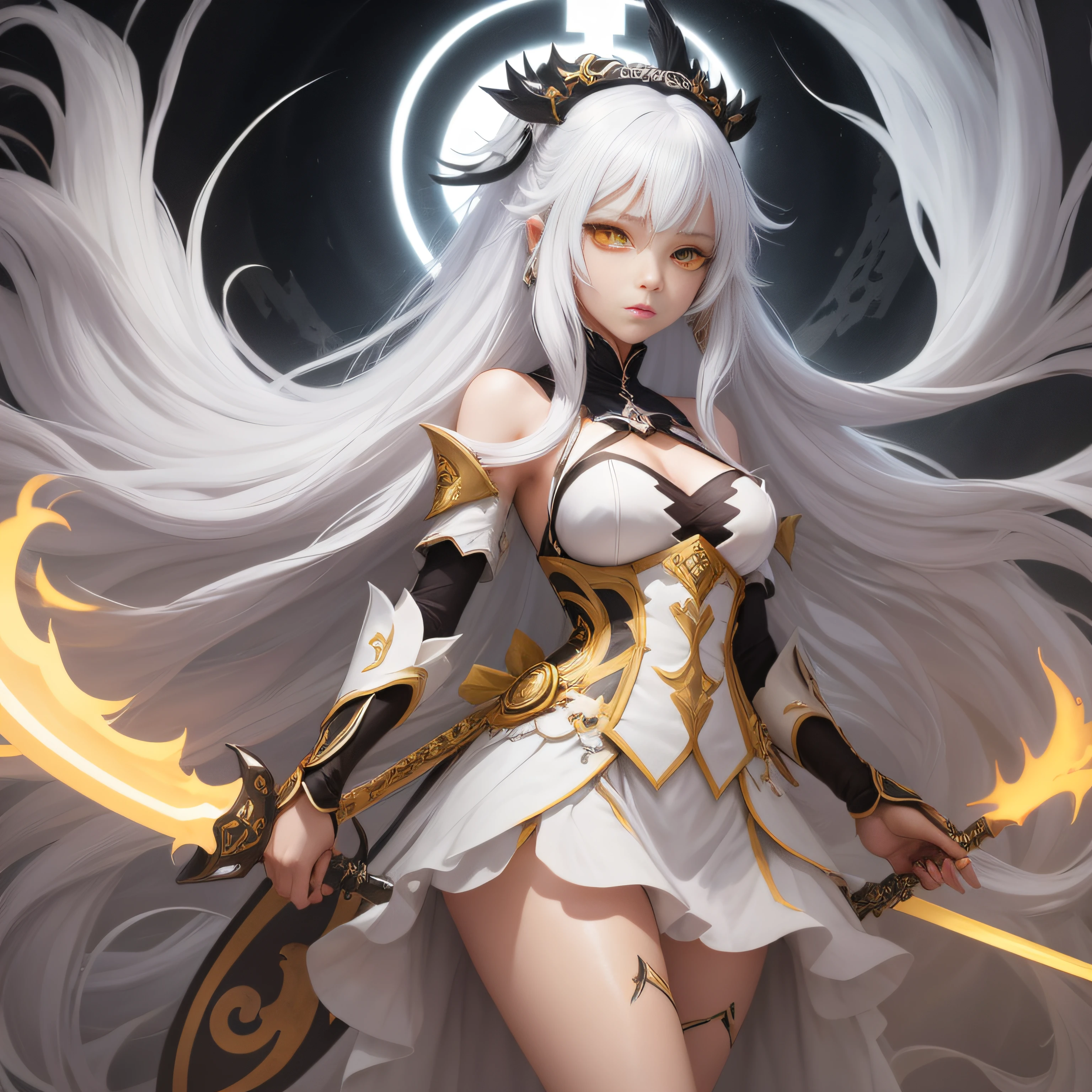 Black anime girl with long white hair in white costume, Yellow eyes, With a sword, Innocent Genshin style --auto