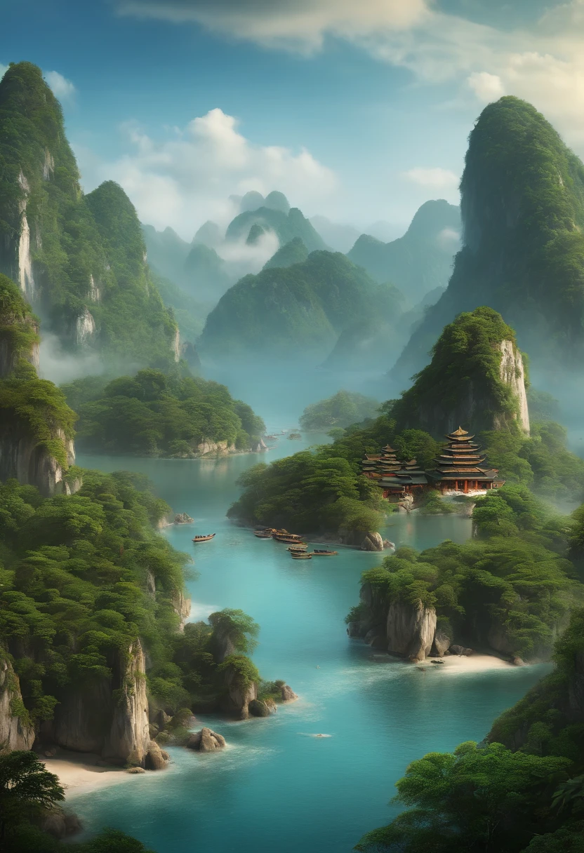 (((islands)) best quality, ultra-high resolution, 4K detailed CG, masterpiece, archipelago, islands, islet, sea, water, river, Shui Mo Hua, Chinese painting style, Thangka style, aesthetic, beautiful image, centered on the screen