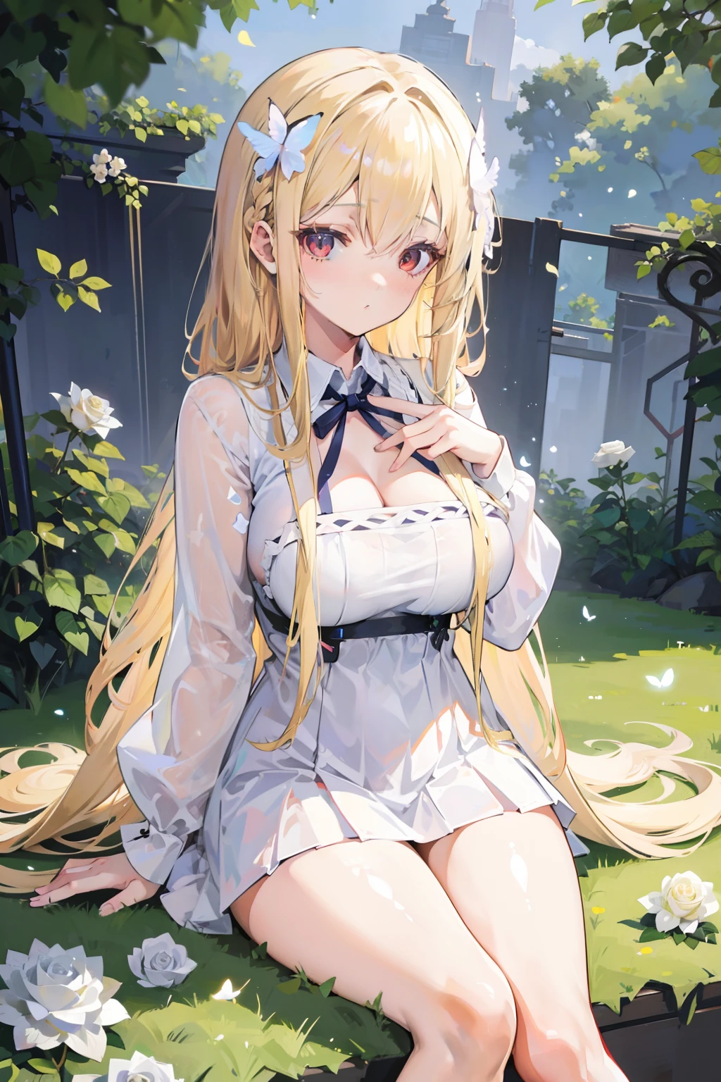 Anime girl cute, blonde hair，butterflys，long hair，8k wallpaper，Highest high resolution，deep v big breasts，Hair over eyes，White rose，tight-fitting，stocklings, exposed thighs, sitting on grass
