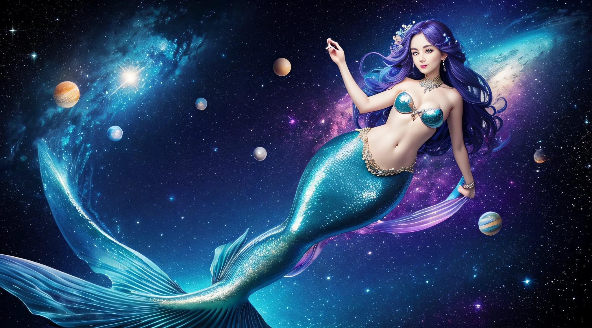 beautiful mermaid、Multiverse background、The background is outer space