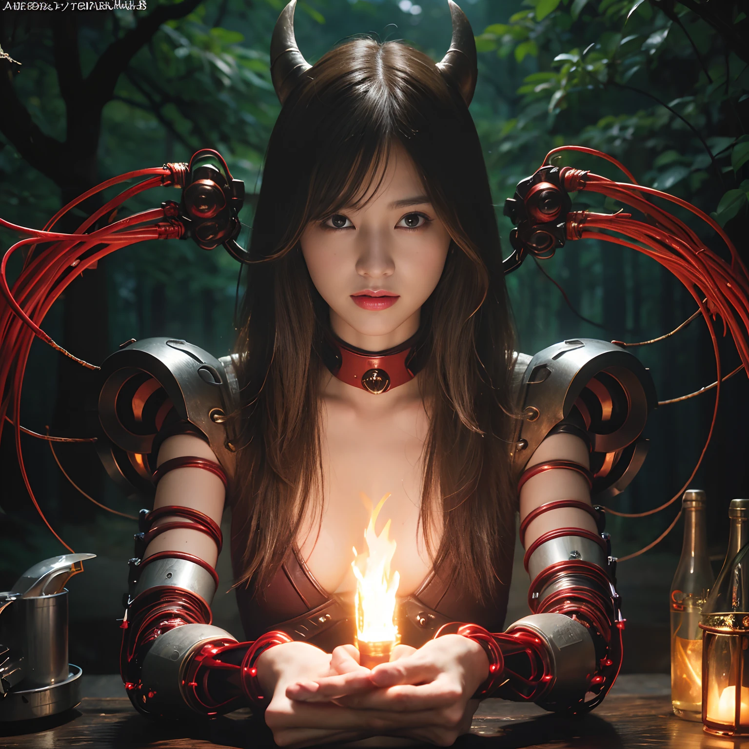 (1 Mechanical Girl)、top-quality、masterpiece、超A high resolution、(Photorealsitic:1.4)、Raw photo、女の子1人、Fight mutants、glowy skin、(((1 Mechanical Girl)))、With a beautiful knife、(Yellow Metal Bodysuit)、(Kobold、ogre、Fierce battle with orcs),(Fight fiercely against aliens)、Fight fiercely、(beautiful forest background)、(Fighting Demonic Beasts)、(Small LED)、((super realistic details))、portlate、(Strong giant demon beast background),globalillumination、Shadow、octan render、8K、ultrasharp、Colossal tits、Raw skin is exposed in cleavage、metals、Details of complex ornaments、Japan details、highly intricate detail、Realistic light、(Mystical expression),CGSoation Trends、Red Eyes、radiant eyes、Facing the camera、neon details、(Mechanical limbs)、(blood vessels connected to tubes)、Mechanical vertebrae attached to the back、mechanical cervical attaching to neck、(Wires and cables connecting to the head)、Gundam、Small LED、,Mechanical thighs、Toostock、(Hands are also made of machines)、(Attack of the Monster Beasts)、(Wounded in a deadly battle)、