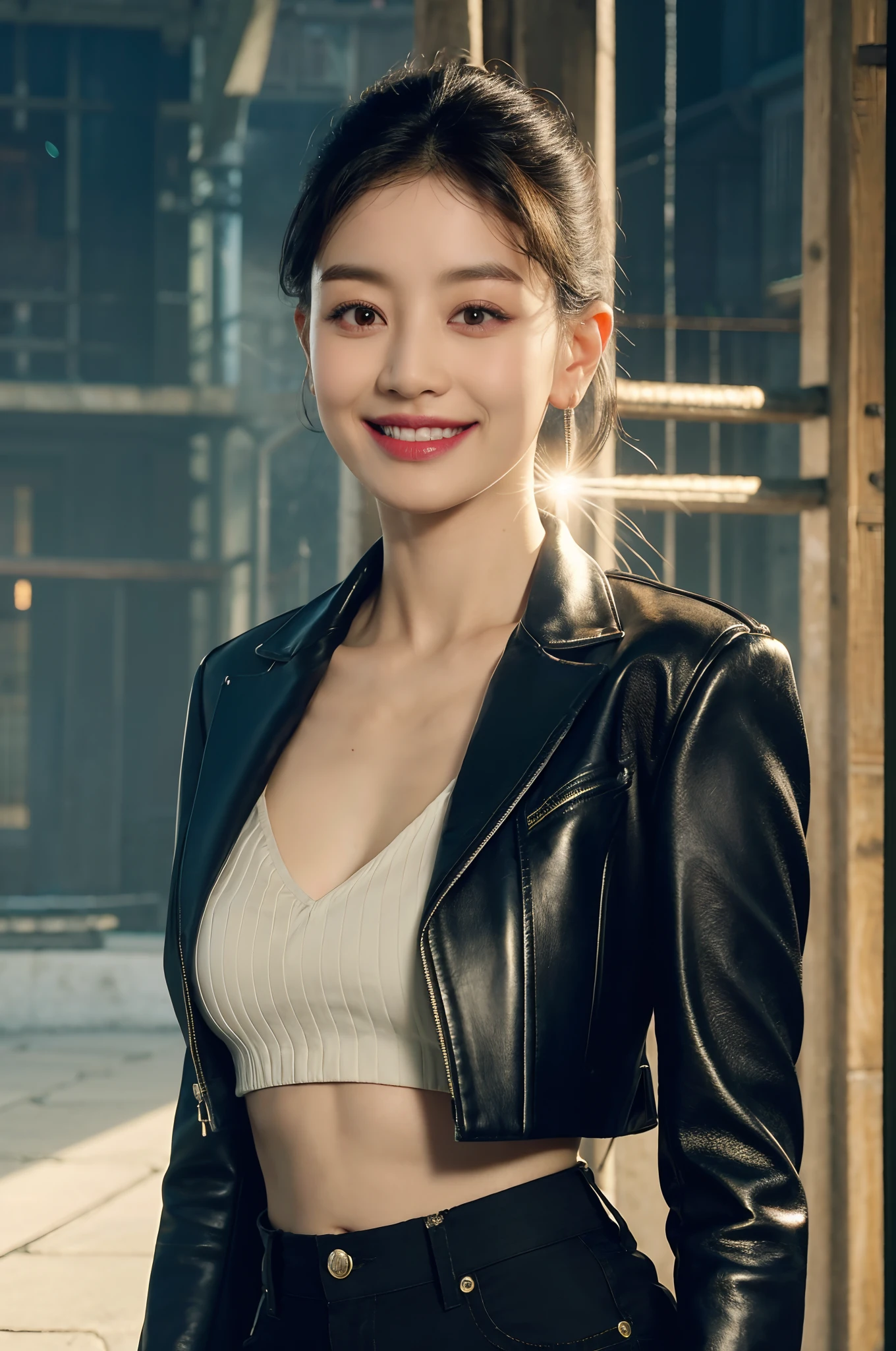 (Forehead, Cropped jacket, Abs, midriff, scowling, Short hair, Black hair, eyes liner:1.3), (Masterpiece, Best quality, Beautiful quality), (Photorealistic:1.4), (Detailed lighting, Extremely detailed skin, Extremely detailed hair, Shadows, 8K, Chacho's photo, 1girll:1.2), view the viewer, (high key lighting), Masterpiece, Top quality, Best quality, offcial art, Unity 8k wallpaper, A high resolution, Ultra-high RES, Ultra-detailed, Beautiful and aesthetic，ssmile，Smile，beam of light