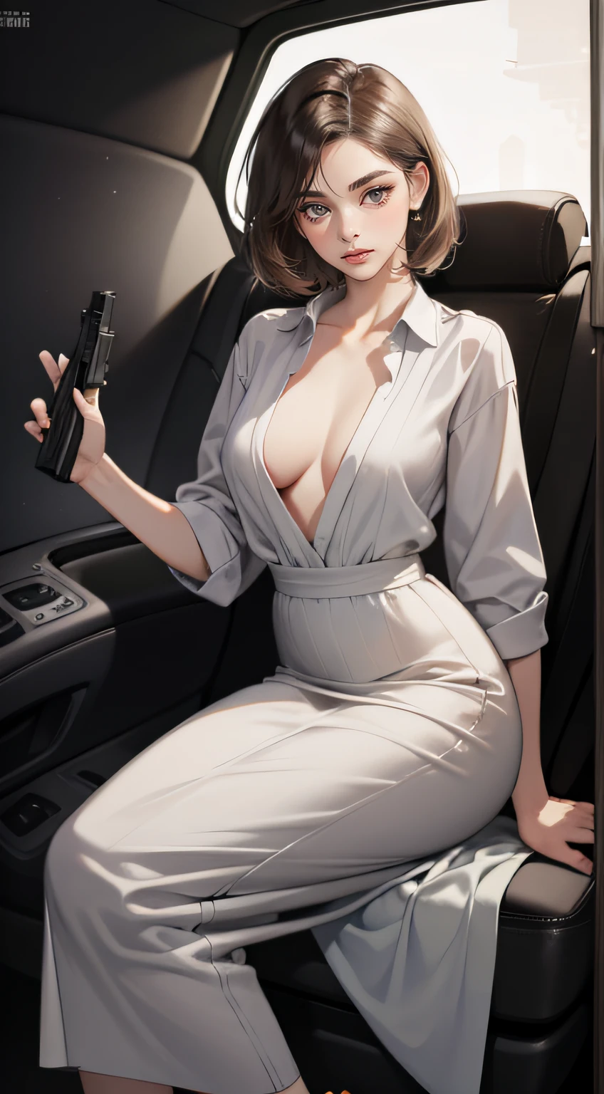 Masterpiece, Best quality, Realistic, 1人, cute female, Sexy and charming girl, 25 years old, Very attractive look, Extremely detailed face, ((dark gray eyes)), ((Right sweep dark brown short hair)), [Slender eyebrows], Detective, International city, a white long skirt，Chest leakage，Bigchest，high-heels,， Cinematic lighting, holding a gun, Postural dynamics,eyes looking at viewer，Sit in front of the car