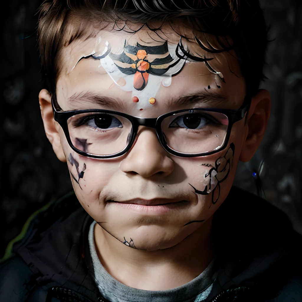 Create an image in the style of Day of the Dead face painting. It's a frontal portrait of a 3-year-old boy wearing glasses, with Day of the Dead-style face painting. Around him, there are dried flowers in pastel colors. The background is black to emphasize only the boy. Use chiaroscuro studio lighting to create a dramatic and impactful atmosphere.