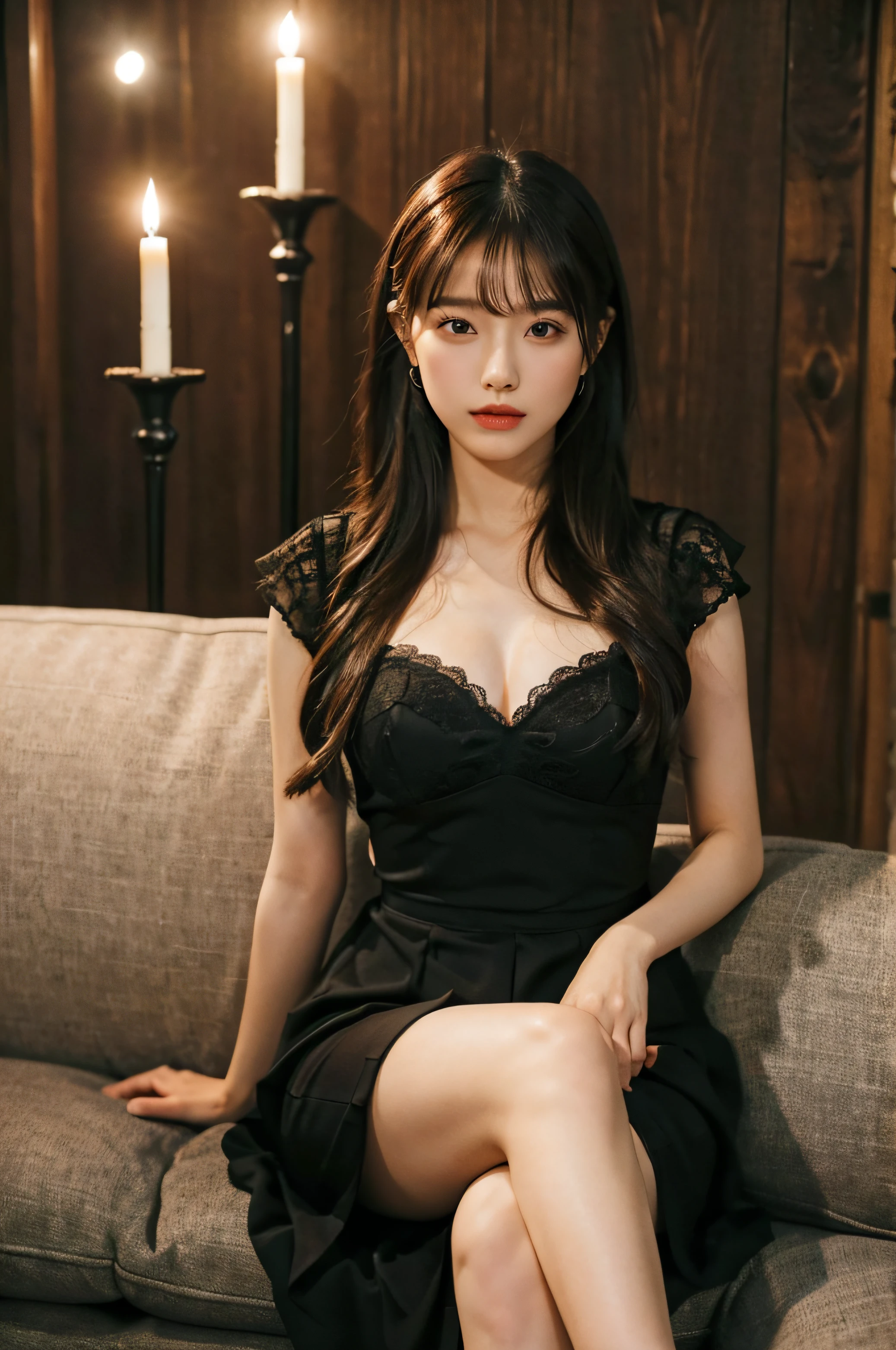 23-year-old Korean woman, posando sensual y con confianza, sitting on a stylish coffee sofa, cruzando las piernas y sosteniendo un cigarro en una mano, mirando directametne a la camara, cabeza larga y delgada, y con una larga cabellera negra, vistiendo un elegante traje negro. The background is a Victorian masion, It's night and the faint orange lights of the candles illuminate the room.