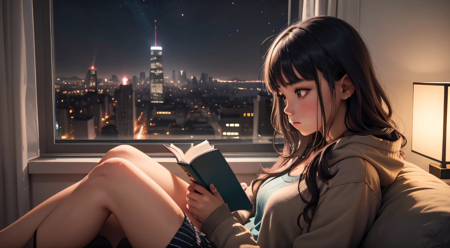 natta、Reading woman with long wavy black hair and blue eyes