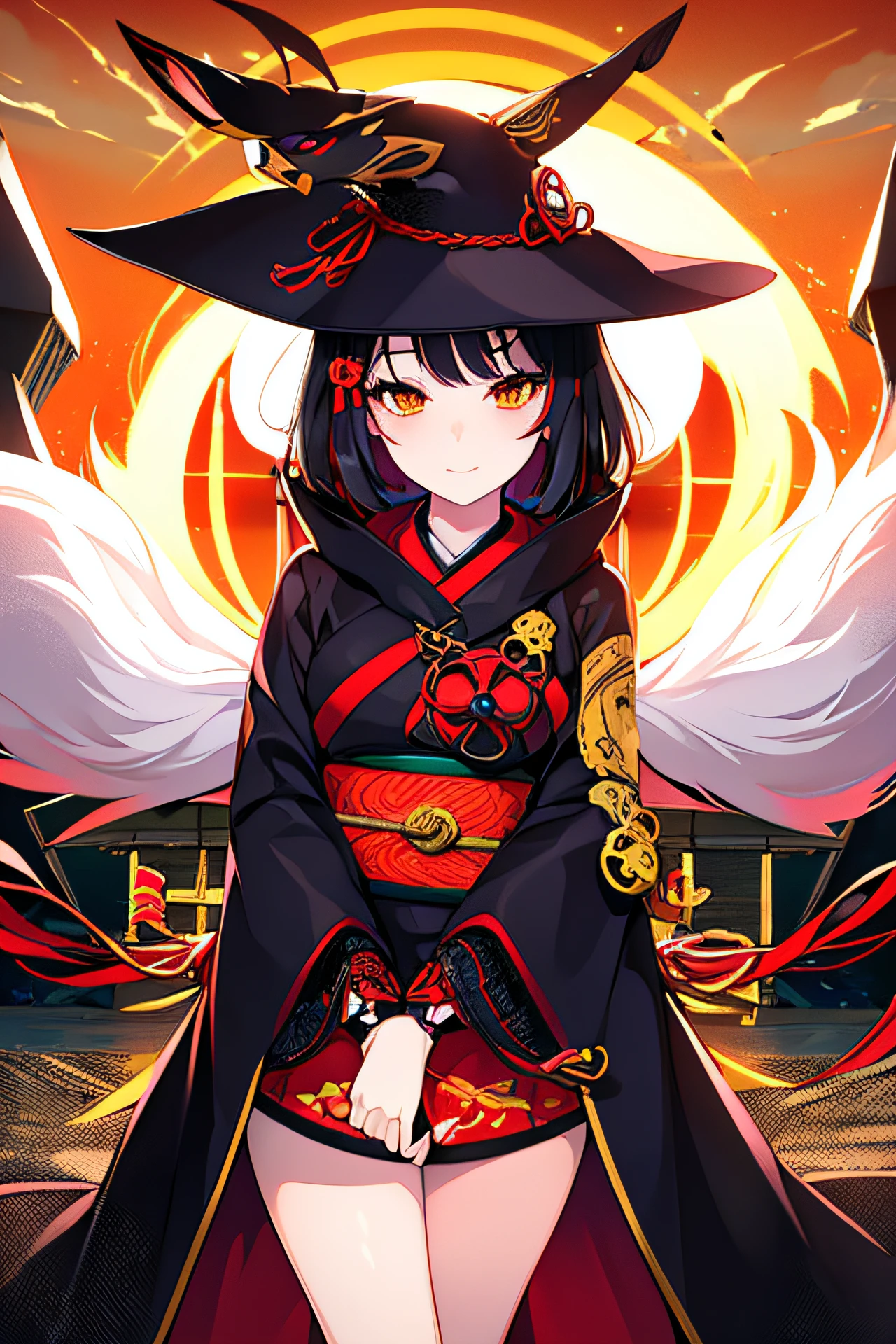 1girll,Solo,, offcial art, Unity 8k wallpaper, Ultra detailed, Beautiful and aesthetic, Beautiful, Masterpiece, Best quality,, Kitsune witch, kitsune mask, Haori jacket, Foxfire spell, The fox is familiar, Transformation,