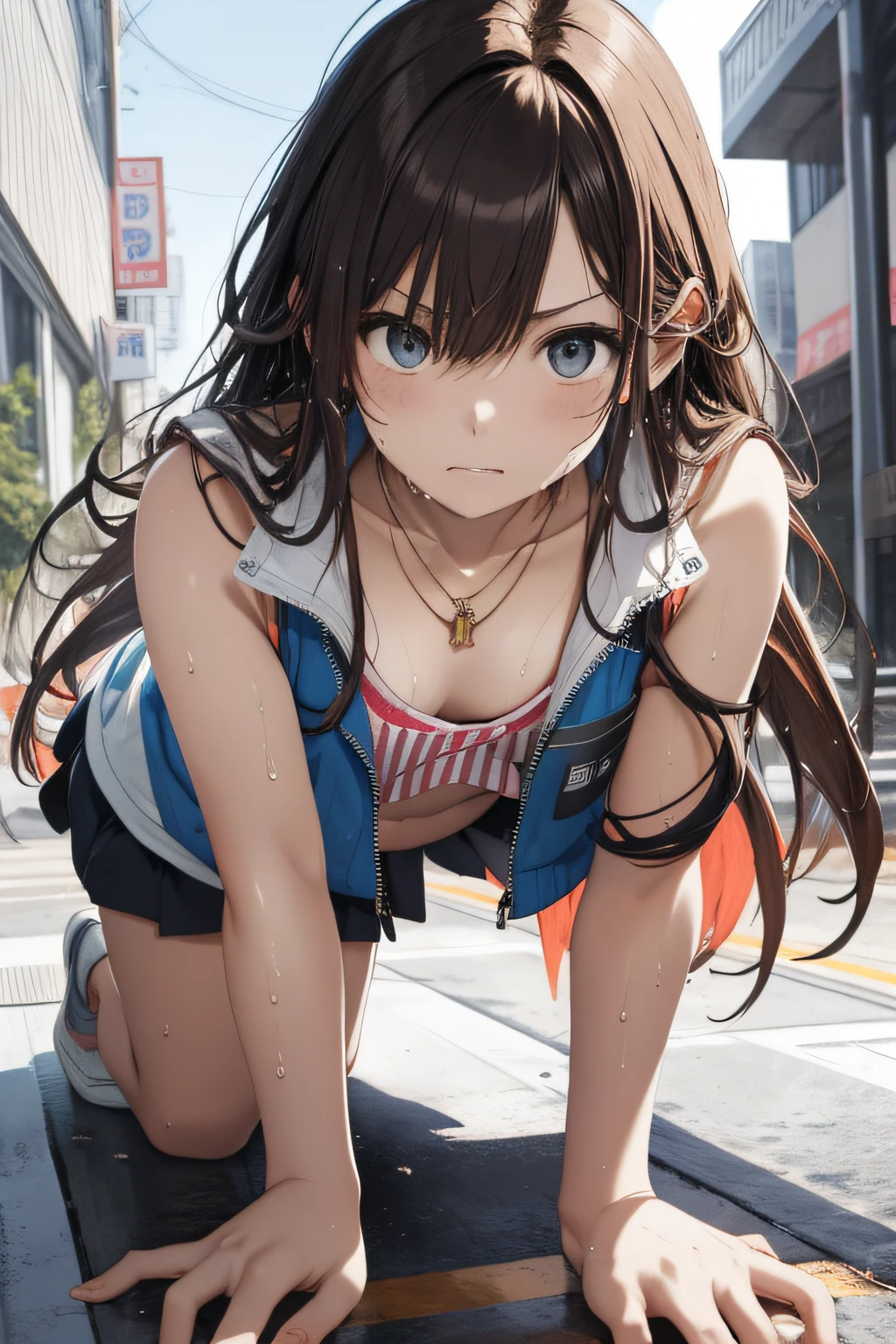 The upper part of the body、An oil painting、tmasterpiece、top-quality、A high resolution、orange long hair、orange long hair、shores、mischievous look、White and gray stripes々bra very、White and gray stripes々Panties、Bend your legs、Female face、Hot face、A slightly annoyed expression、Sweat-Wet Skin、blue-sky、pink vest、Black miniskirt、stooping forward、on the floor on all fours、Necklace on the chest