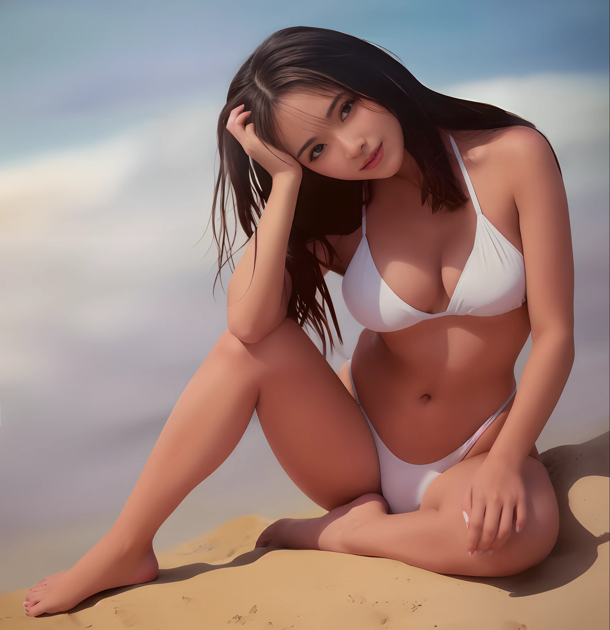 16k, ultra high res, best quality, high quality, masterpiece:1.3), (a professional photo of girl), RAW photo, realistic illustration, (ultra detailed eyes and face), (ultra detailed beautiful skin), (full body shot), elegant sleek smooth body, sultry body, perfect body, attractive body, photorealistic perfect body, Petite facial features, Super Detail Beautiful Natural Skin, natural makeup, (black hair), narrow waist, ((slender)), (wide hips), cleavage, (black hair), she is very sexy, she is cute and beautiful, skinny waist and thick hips, curvy figure, attractive body, curvy model, smile, (full body shot), ((slender)), sexy look, arafed woman in a white bikini sitting on a beach, realistic bikini, posing on the beach, wearing a white bikini, girl on the beach, photorealistic, sexy girl,
