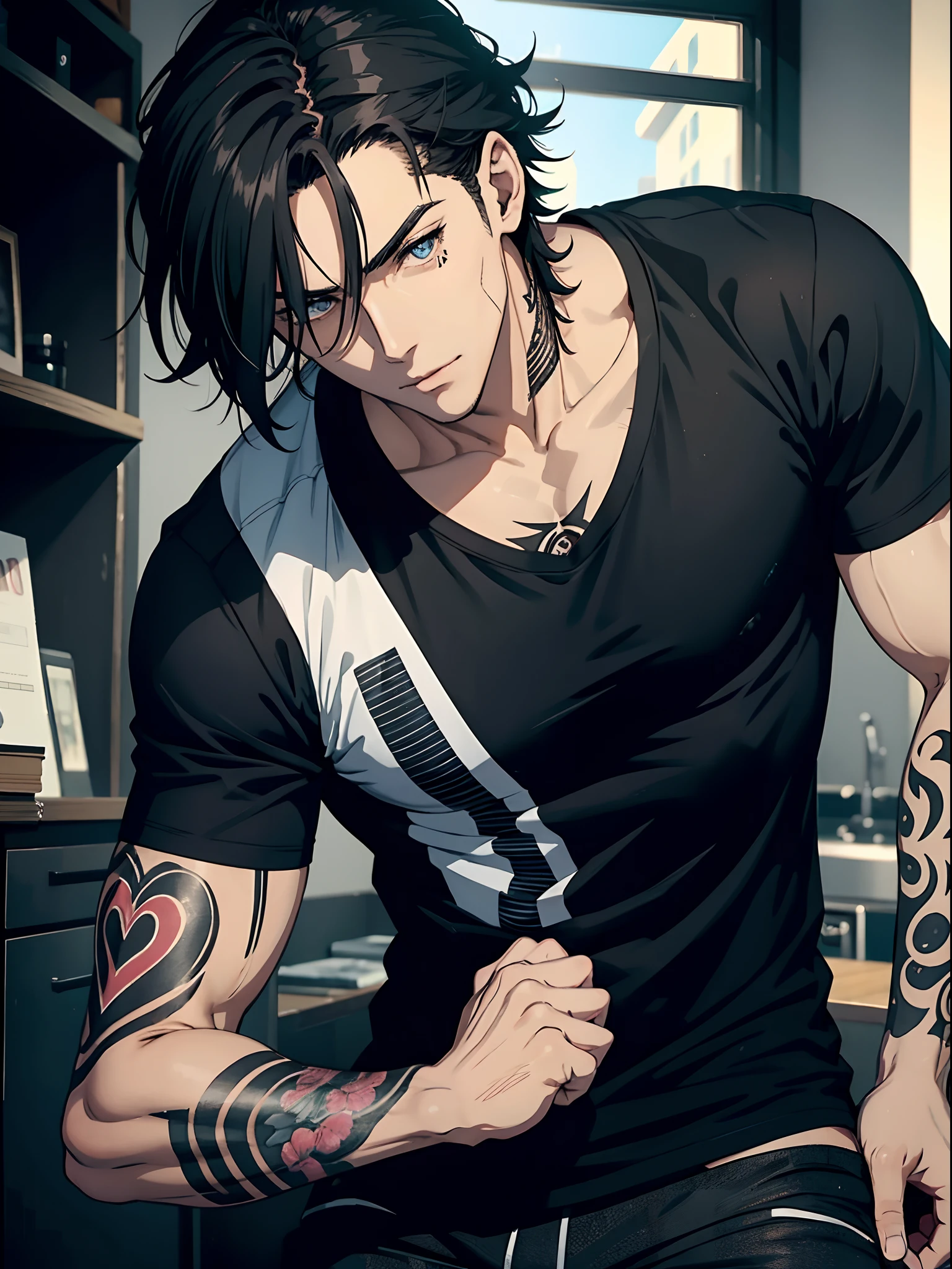 Anime Sexy Man, Guy with dark hair, Black T-shirt, Tattoos
