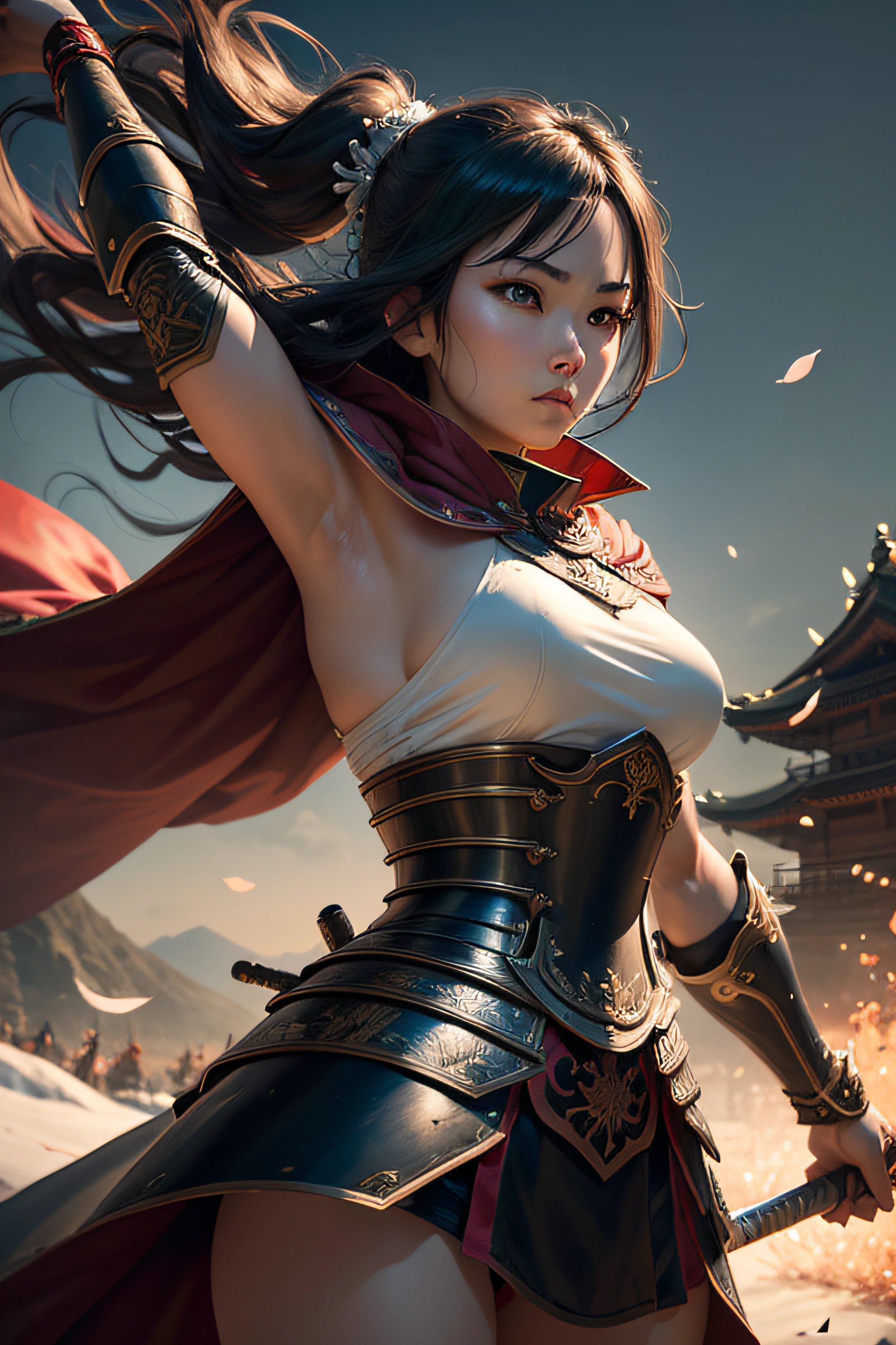 (best quality,highres,masterpiece:1.2),ultra-detailed,realistic,anime,Japanese,female warrior,holding a spear,beautiful detailed eyes,long black hair,ornate armor,strong and confident expression,vivid colors,scenic background,Cherry blossoms,night scene,misty atmosphere,dynamic pose,star-filled sky,dramatic lighting,cinematic feel,traditional Japanese elements,sharp focus,action-packed,stylized,intricate details,swordsmanship,stance,anime facial features,graceful movements,epic battle scene,elaborate costume,warrior spirit,adventurous spirit,emblematic symbols,highly detailed armor,flowing cape,artistic composition,mythical creatures,samurai warrior influence,Japan's feudal era,legendary warrior,anime-inspired landscape,journey of self-discovery,warrior in motion,heroic narrative,traditional artistry, naked bandage