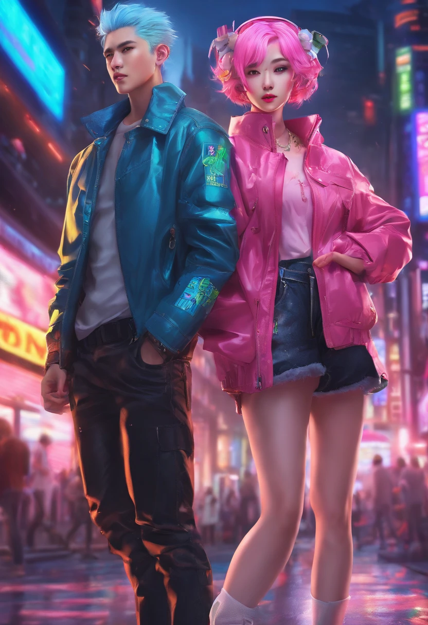 ((Male and female couples)), Idol Photos, Magazine covers, Photos of actors, Professional Photos, Height difference, tall male, Happiness, youthfulness, extra detailed face, detailed punk hair, very detailed character, inspired by Sim Sa-jeong, Cai Xukun's, detailed realistic faces, highly detailed realistic face, high detailed face anime, realistic detailed face, Accurate detailed face, attractive androgynous humanoid, Cool Korean fashion in black and white, ((Man with light blue hair)), ((Woman with pink hair)), ((Woman with long hair below waist)), ((Man with short hair over ears)), ((Pink hair woman with gentle expression)), ((Man with light blue hair with wild expression)), high-level image quality, masterpiece, Photographed so that the whole body can be seen, Photographed to make clothes look beautiful, Take your eyes off, ((two individuals)), ((British couple))