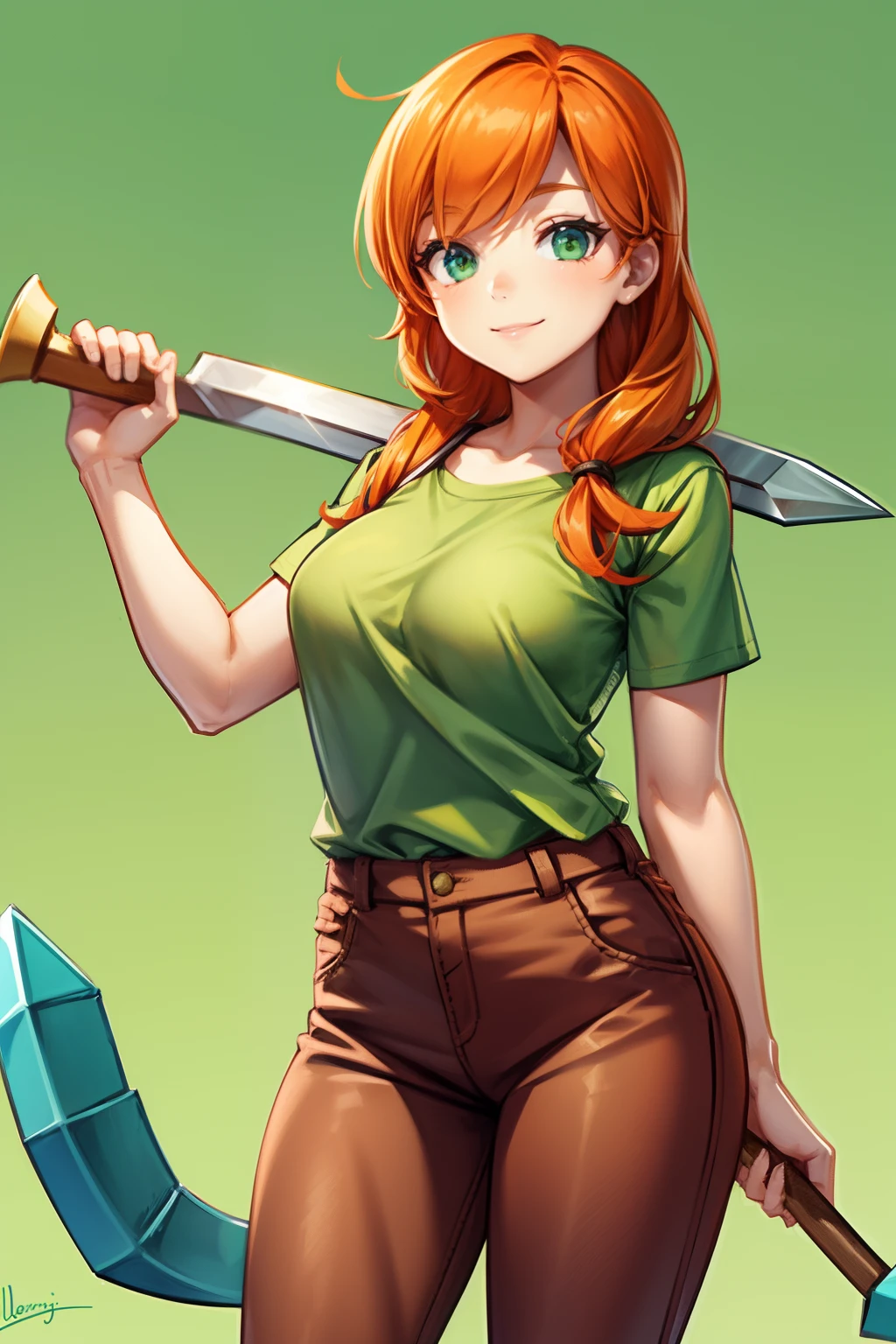 girl, alex, orange hair, green t-shirt, brown pants, standing, smile, holding blue pickaxe