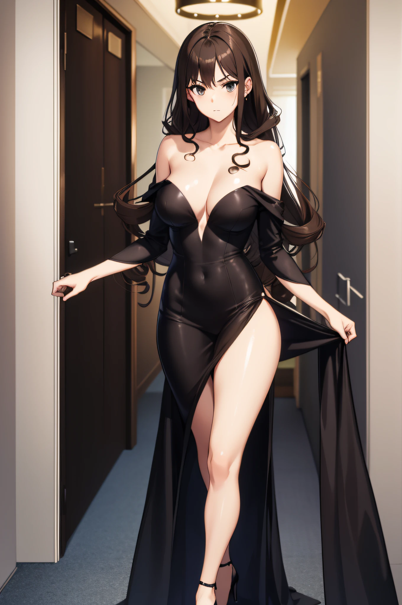 Masterpiece, Best quality, Realistic, 1人, cute female, Sexy and charming girl, 20 years old, Very attractive look, Extremely detailed face, ((dark gray eyes)), ((long and dark brown hair)),((Long curly hair)) [Slender eyebrows], Detective, International city, black dressed evening dress，Leaky shoulders，Bigchest，Chest leakage，Bare back，high-heels,， Cinematic lighting, Stand in the hall，Postural dynamics,eyes looking at viewer，Hotel，Banquet