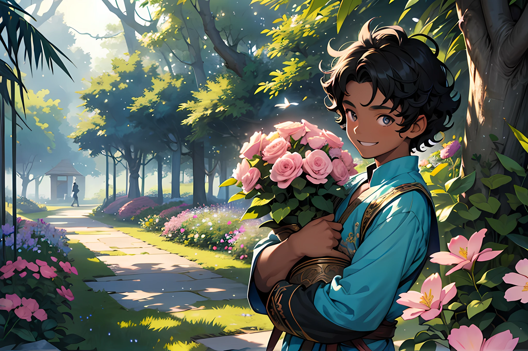 1 boy, light dark skin, boy, black curly hair, detailed eyes, 8k, masterpiece, playing, smiling, big garden, green, big tall trees, pink flowers, fantasy world, yard, birds, blue butterflys, high details, super detailed,
