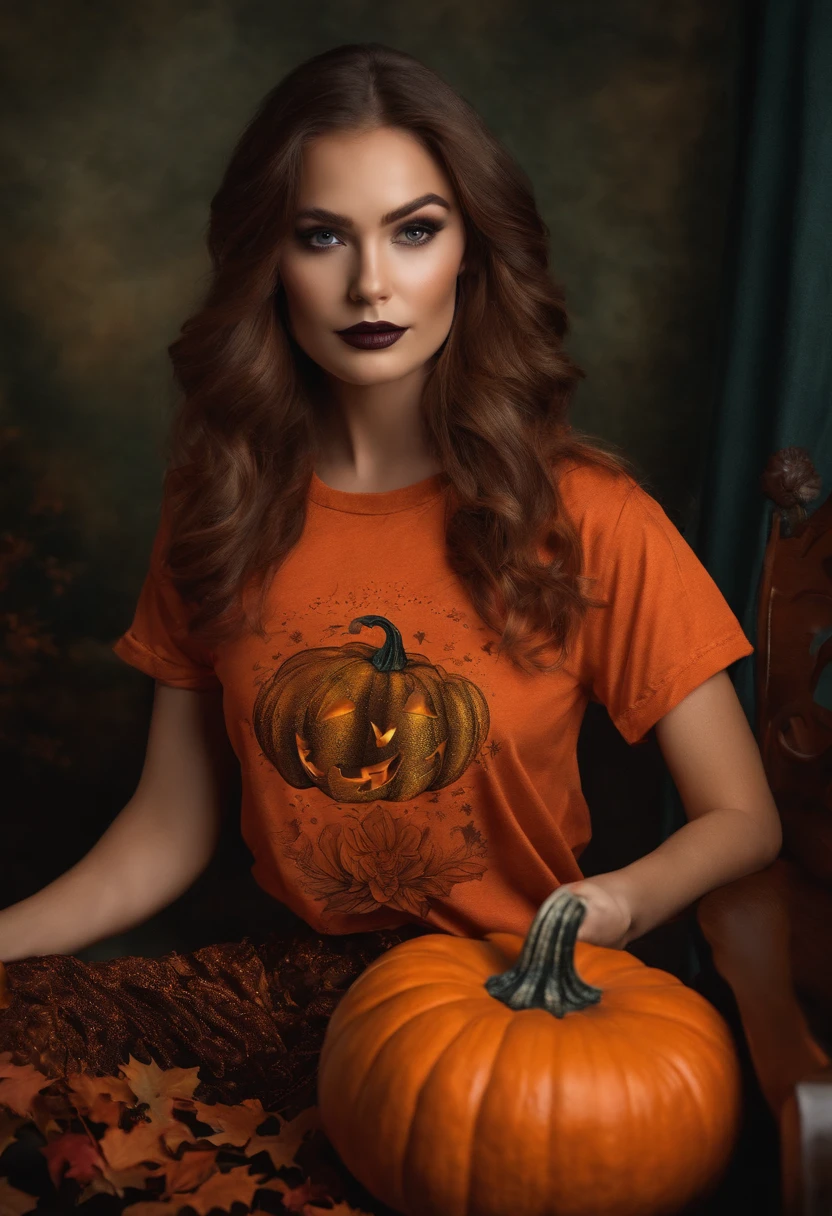 a model wearing a festive t-shirt for Halloween with a pumpkin design