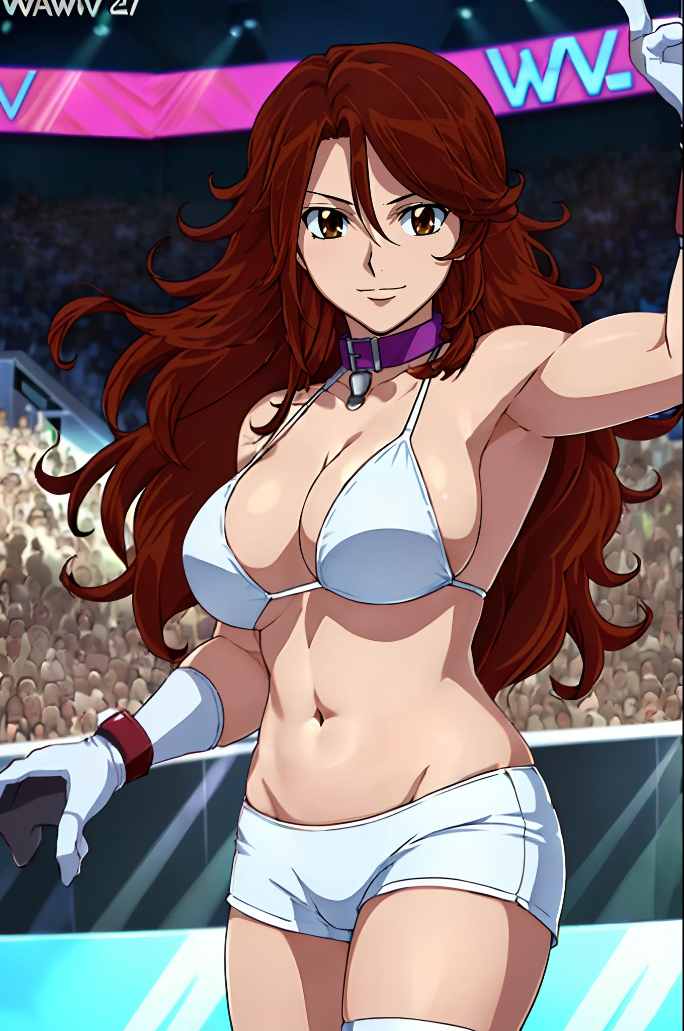 (wwe Maria), body view, anime style: 1.8, anime drawing, ultra detailed face, ultra detailed body, 4k, Sumergai Lee Noriega, (standing), best quality, anime style, hires, highest definition, digital blending, bold drawing lines, ((wwe diva), (location: wrestling arena, crowds watching), ( slim body, little biceps, thighs, off-shoulders, (curvy: 2.8)), ((white bikini, shorts, groin, , white gloves, collar, elbow pad)), victorious, winner, gentle, (big breasts, smile), (big eyes, brown eyes), (clapping), (brown hair, loose hair, curly hair, wavy hair, long hair, missy hair), 27 years old,