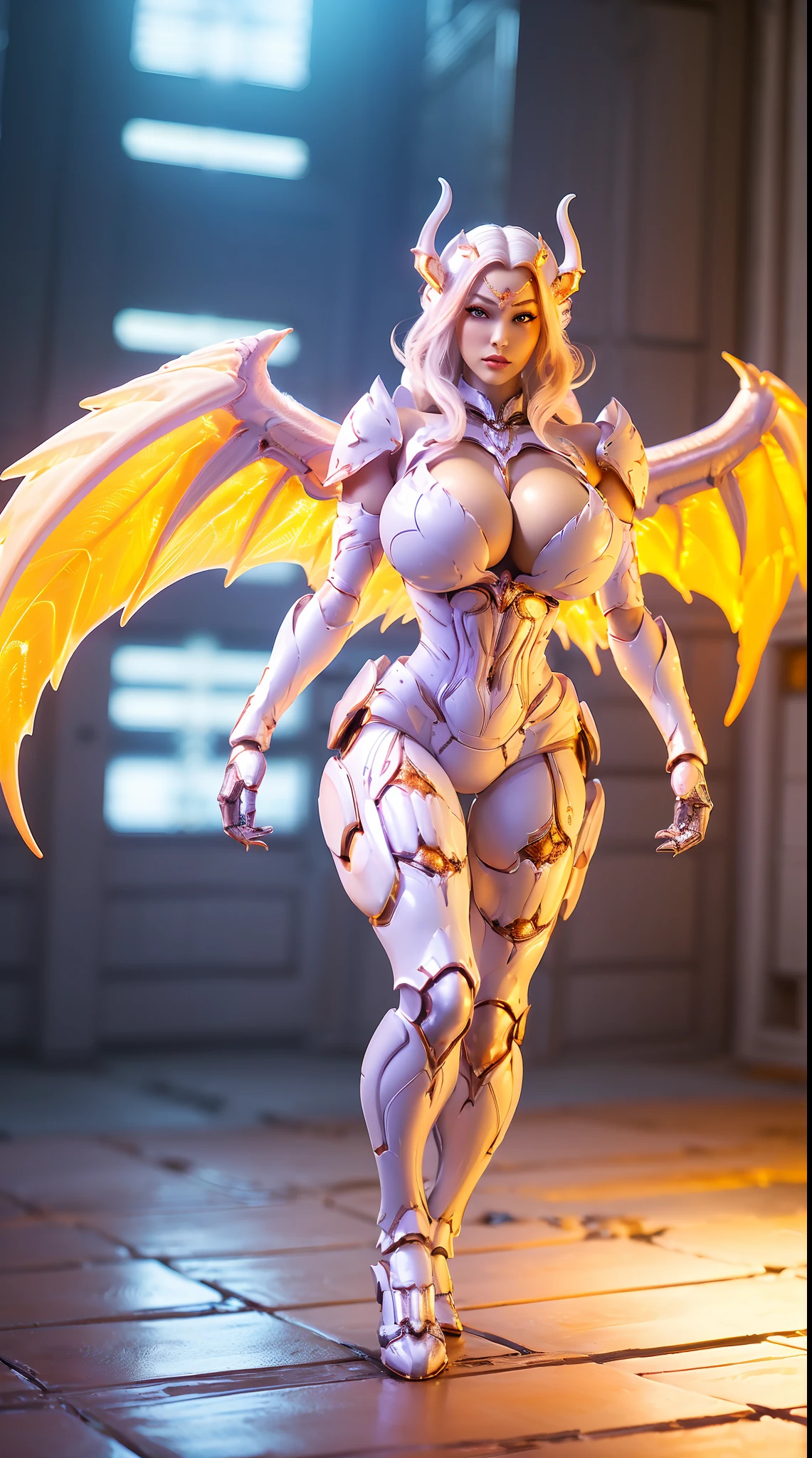 (DRAGON QUEEN), HUGE FAKE BOOBS, (BEAUTIFUL FACE), (ORANGE, WHITE, PURPLE), (((A PAIR OF HUGE MECHANICAL WINGS SPREAD OUT))), FUTURISTIC PHOENIX MECHA SUIT, (CLEAVAGE), (SKINTIGHT YOGA PANTS), (HIGH HEELS), (PERFECT BODY:1.2), (FULL BODY VIEW), FRONT, (WALKING DOWN:1), SEXY MUSCULAR BODY, MUSCLE ABS, UHD, 8K, 1080P.