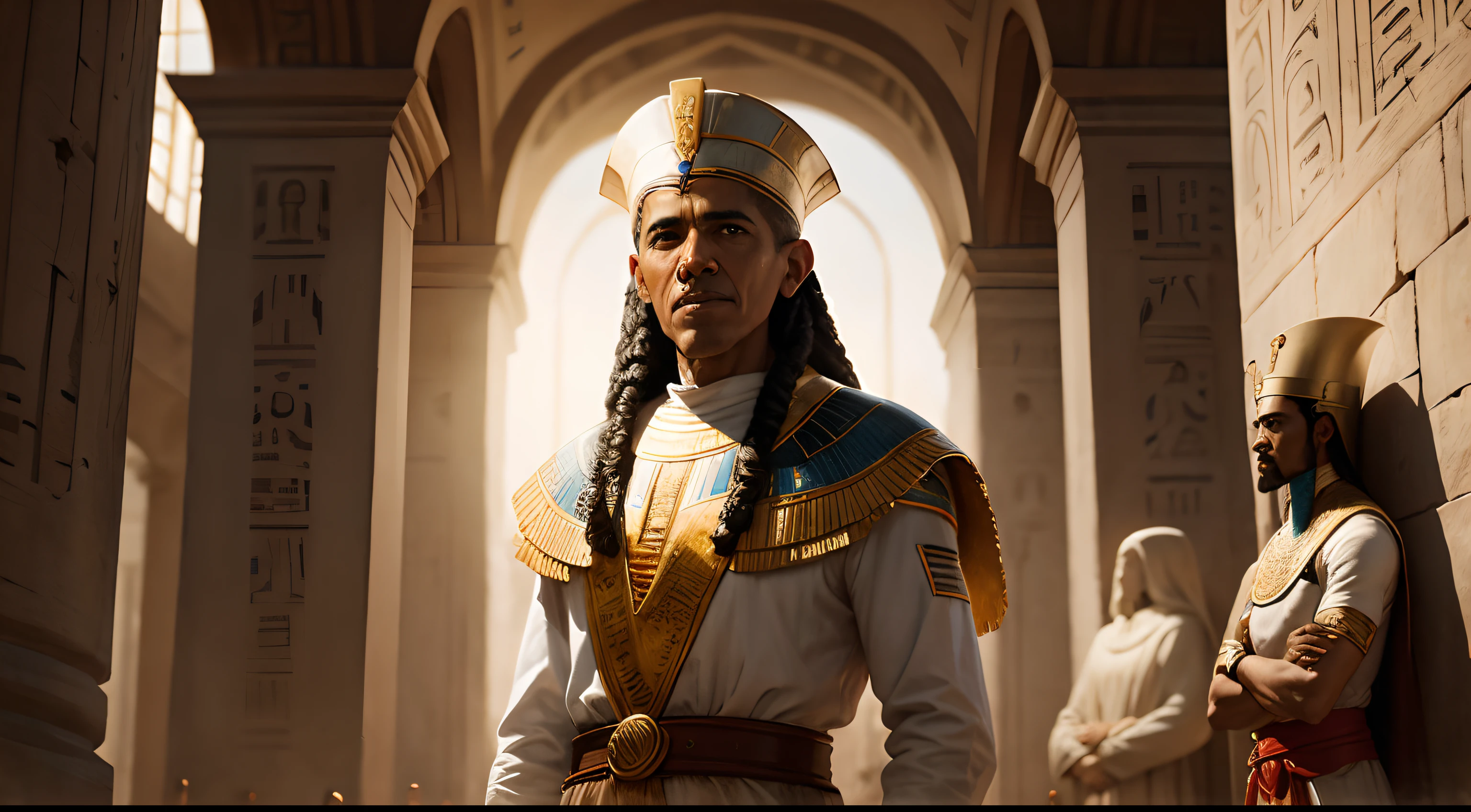 Barack Obama in ancient clothing, next to Jesus in ancient Egypt