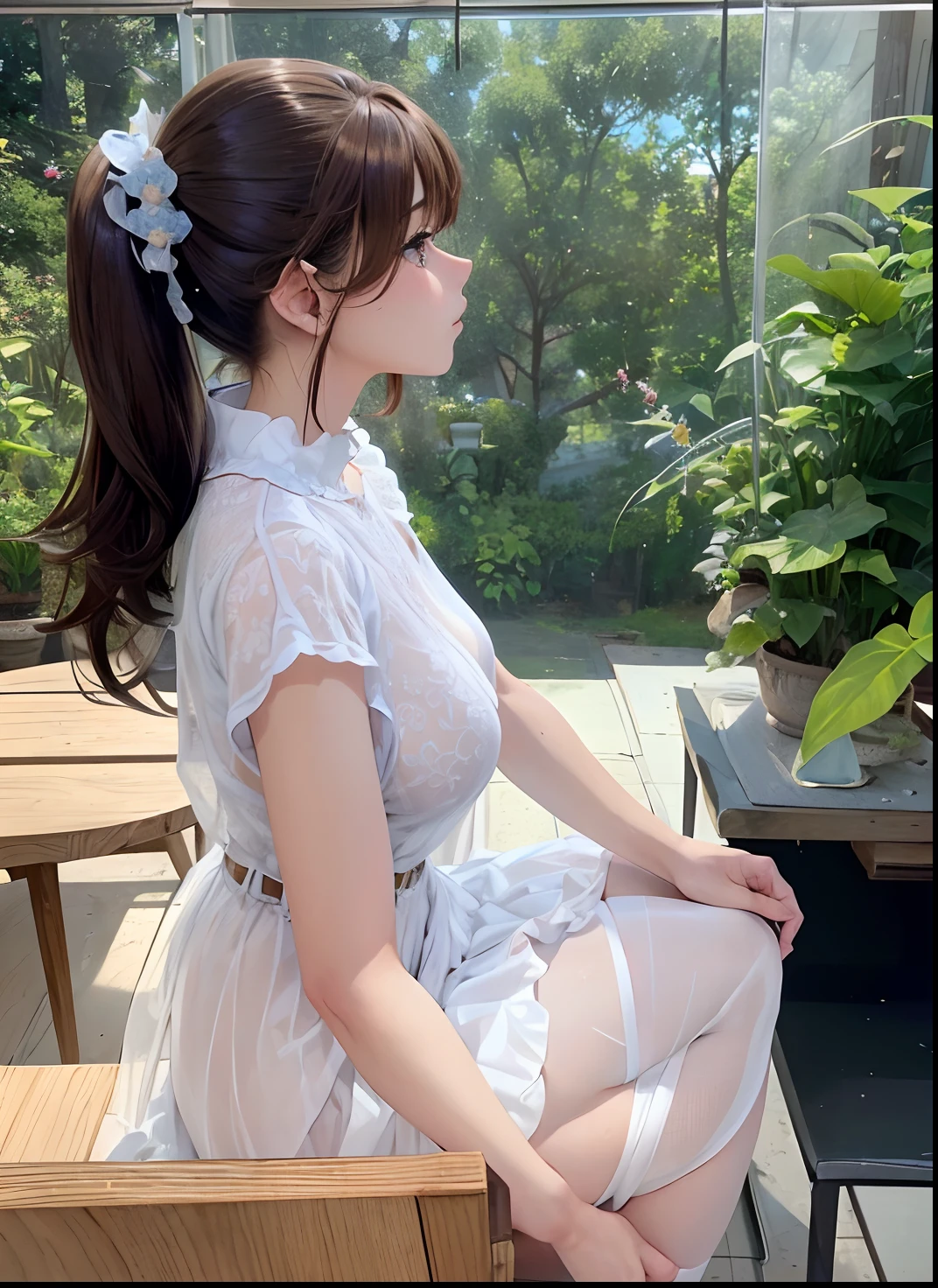 (Raw photography、top-quality)、(realisitic、Photorealsitic:1.3)、masterpiece、extremely delicate and beautiful、nffsw、Unity、2k wallpaper、astonishing、finely detail、8K Wallpapers、hight resolution、1girl in、Soft light、((Brown hair、poneyTail))、a beautiful detailed girl、Angle from the side、Looking at the camera、1girl in、cute little、25-years old、((large full breasts、 Showing through the top of clothes))、Realistic beautiful face、Realistic body、Lustrous skin texture、Beautiful detailed thighs、(Clothes are see-through、Miniskirt dress:1.3)、thighs thighs thighs thighs、(up skirt)