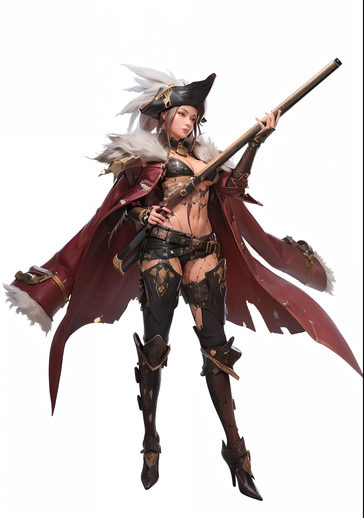 Ultra realistic, a woman in a female pirate costume holding a long barrel gun powdered rifle,