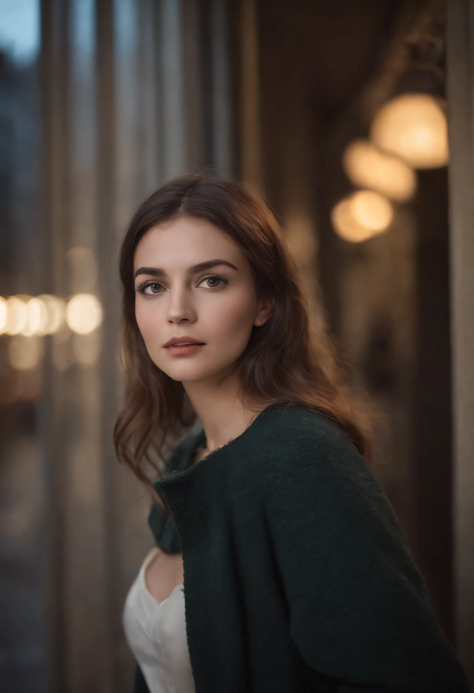 Fille par une nuit pluvieuse,Lentille avant,Street background through the window (closeup shot:1.6),beste-Qualit,f / 1 photographie HD T bokeh,Depth of field Macro The atmosphere is sad