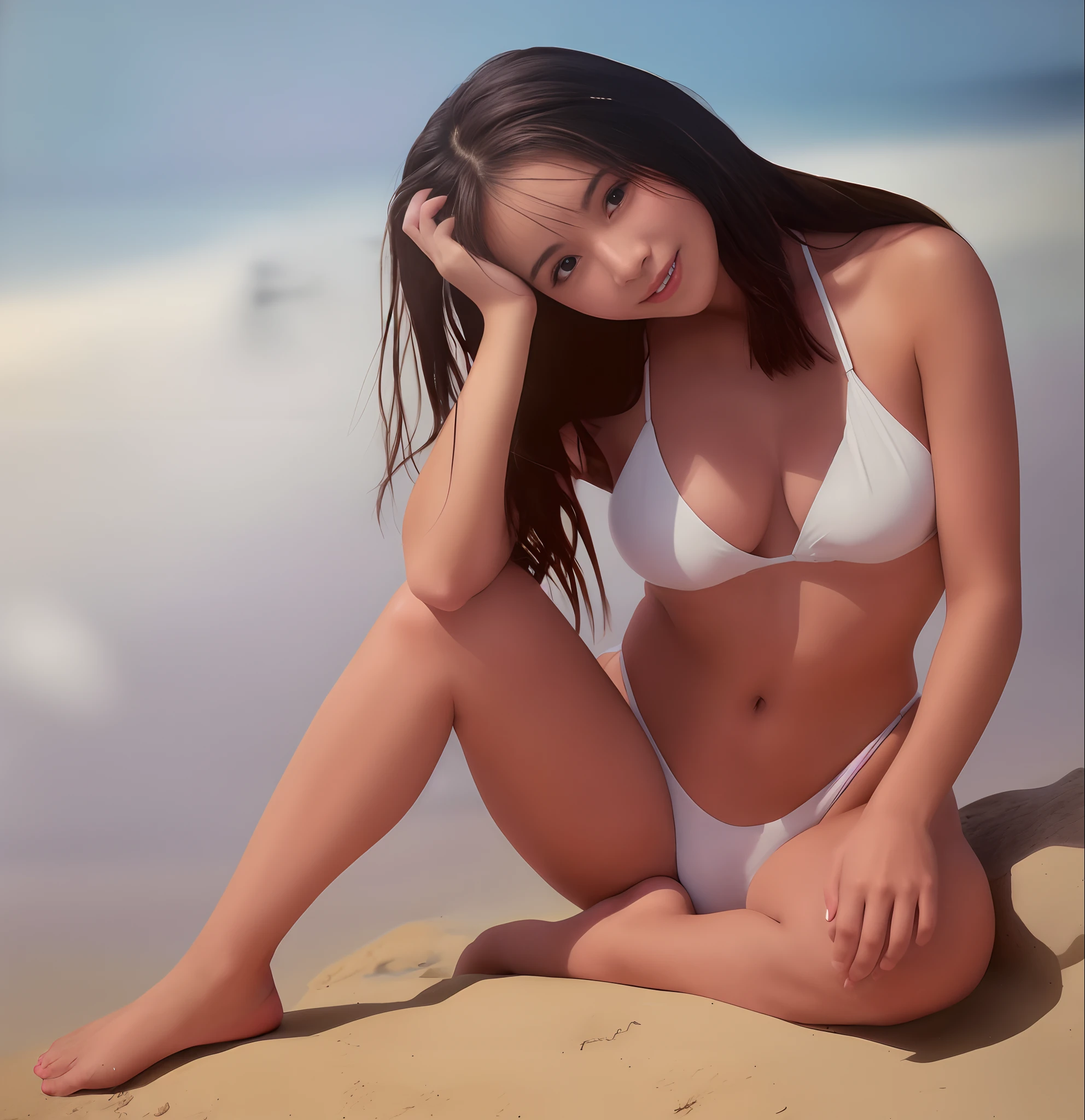16k, ultra high res, best quality, high quality, masterpiece:1.3), (a professional photo of girl), RAW photo, realistic illustration, (ultra detailed eyes and face), (ultra detailed beautiful skin), (full body shot), elegant sleek smooth body, sultry body, perfect body, attractive body, photorealistic perfect body, Petite facial features, Super Detail Beautiful Natural Skin, natural makeup, (black hair), narrow waist, ((slender)), (wide hips), cleavage, (black hair), she is very sexy, she is cute and beautiful, skinny waist and thick hips, curvy figure, attractive body, curvy model, smile, (full body shot), ((slender)), sexy look, arafed woman in a white bikini sitting on a beach, realistic bikini, posing on the beach, wearing a white bikini, girl on the beach, photorealistic, sexy girl,