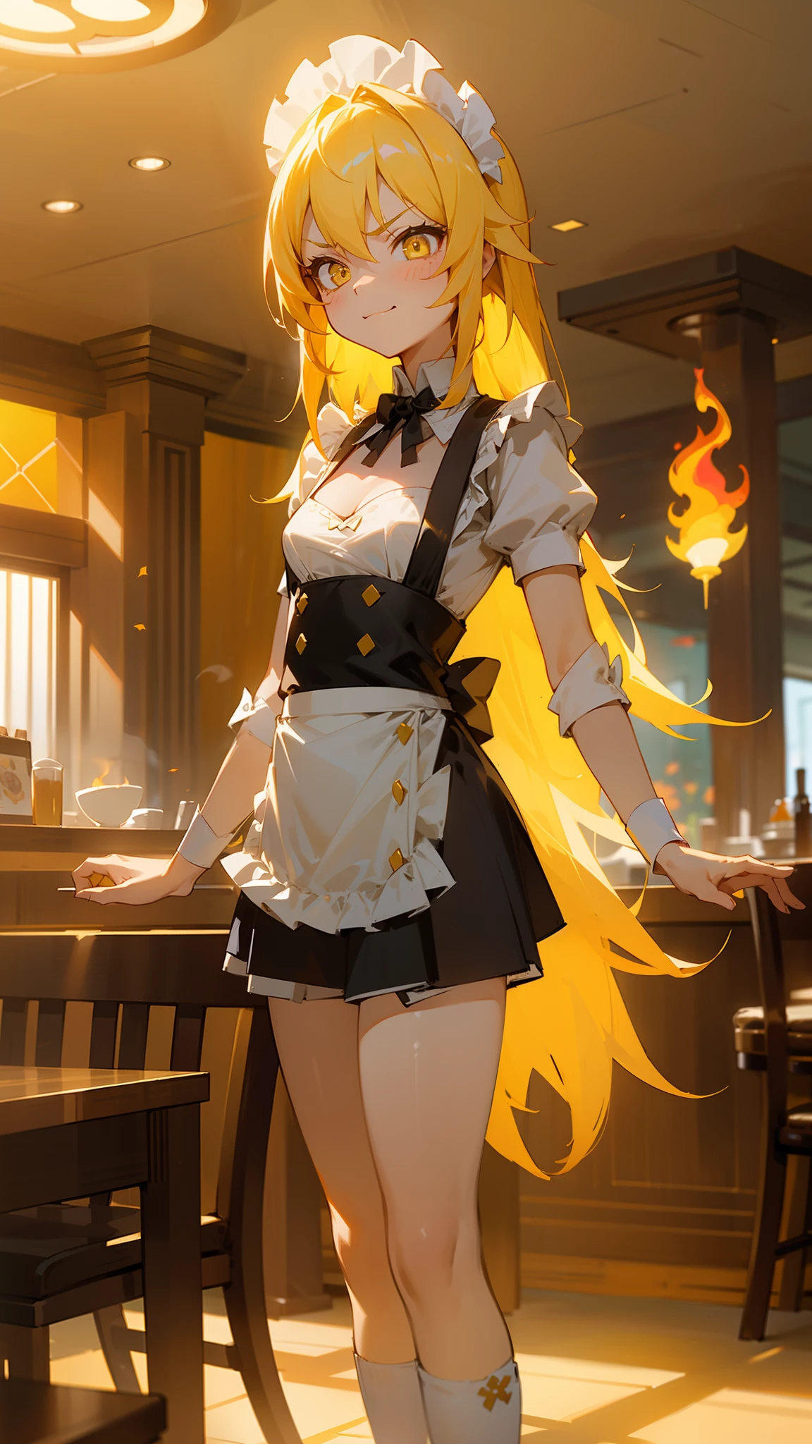 1girl,solo,small,angry face,smile,white and black maid outfit,little cleavage,small tits,yellow pink hair,long hair,yellow eyes,(fire surrounding),(((standing in a restaurant,sunlight))),cowboy shot,ceiling