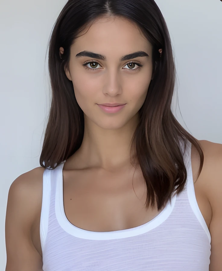 a woman with long hair wearing a white tank top and a black belt, thick bushy straight eyebrows, beautiful fine - face, julia sarda, lena oxton, flawless olive skin, relaxed eyebrows, perfect face model, extremely beautiful face, female model, perfect face ), beautiful fine face features