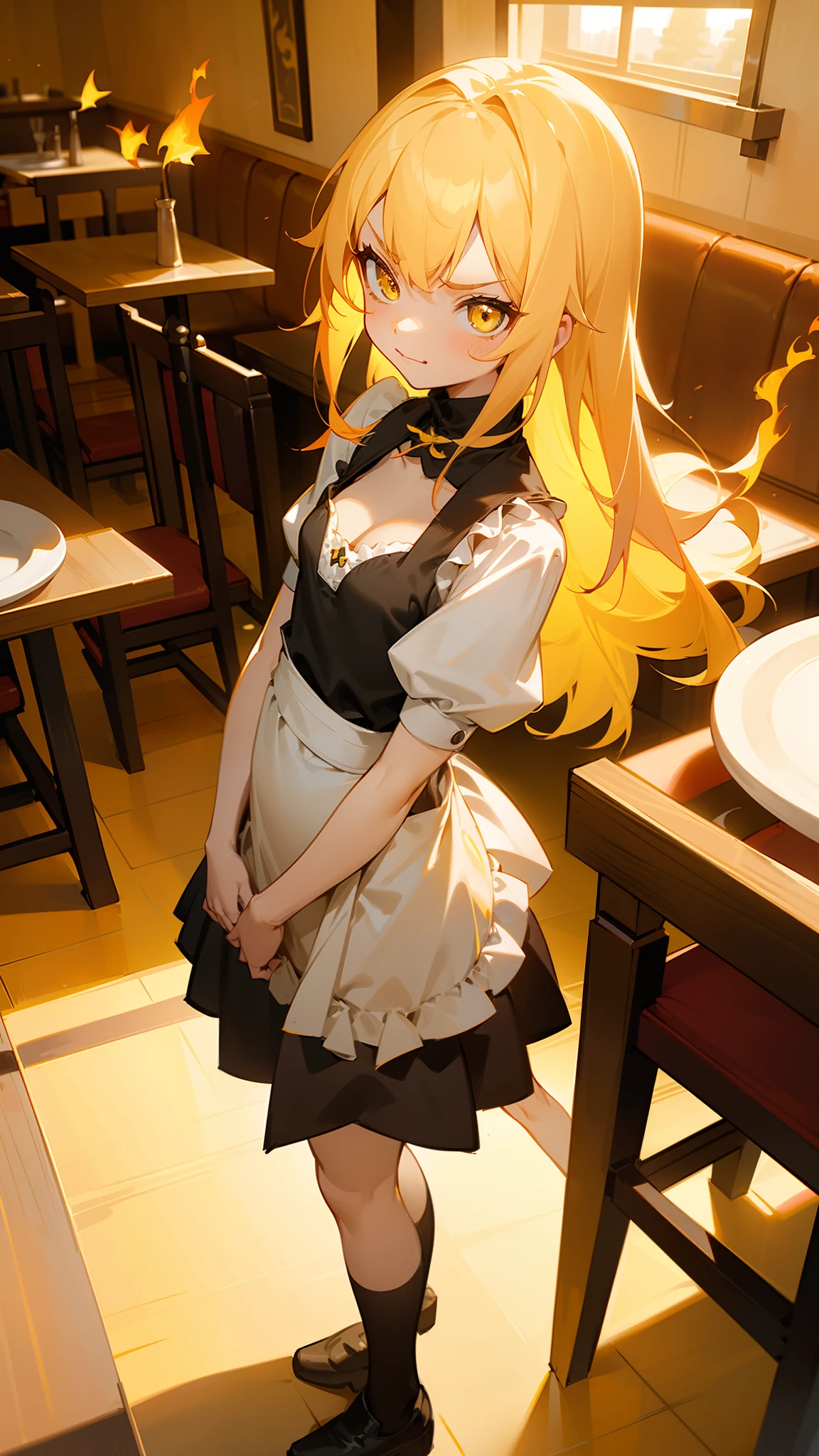 1girl,solo,small,angry face,smile,white and black maid outfit,little cleavage,small tits,yellow pink hair,long hair,yellow eyes,(fire surrounding),(((standing in a restaurant,sunlight))),cowboy shot,ceiling